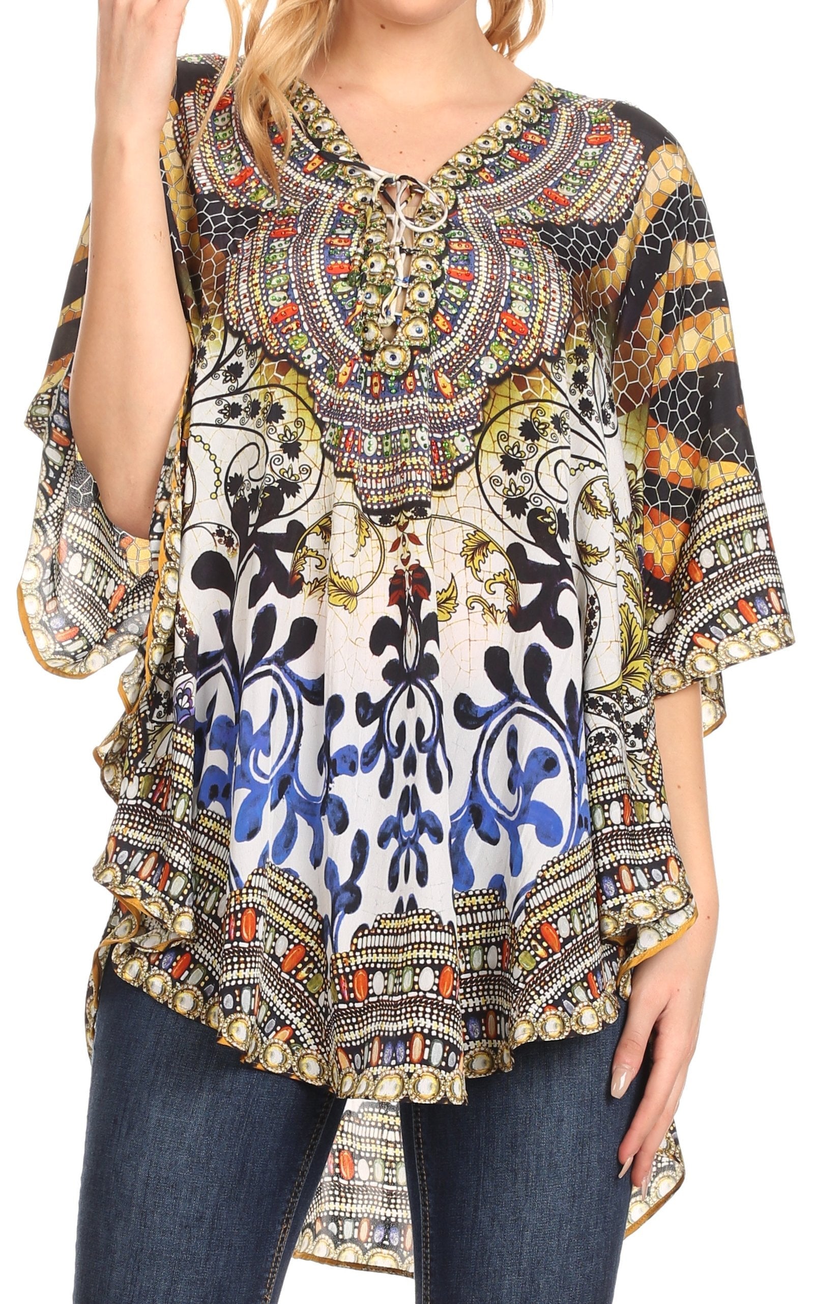 Sakkas Tallulah Wide Circle Blouse V Neck Top With Tassle Ties And Rhinestones - Concordia Style Boutique