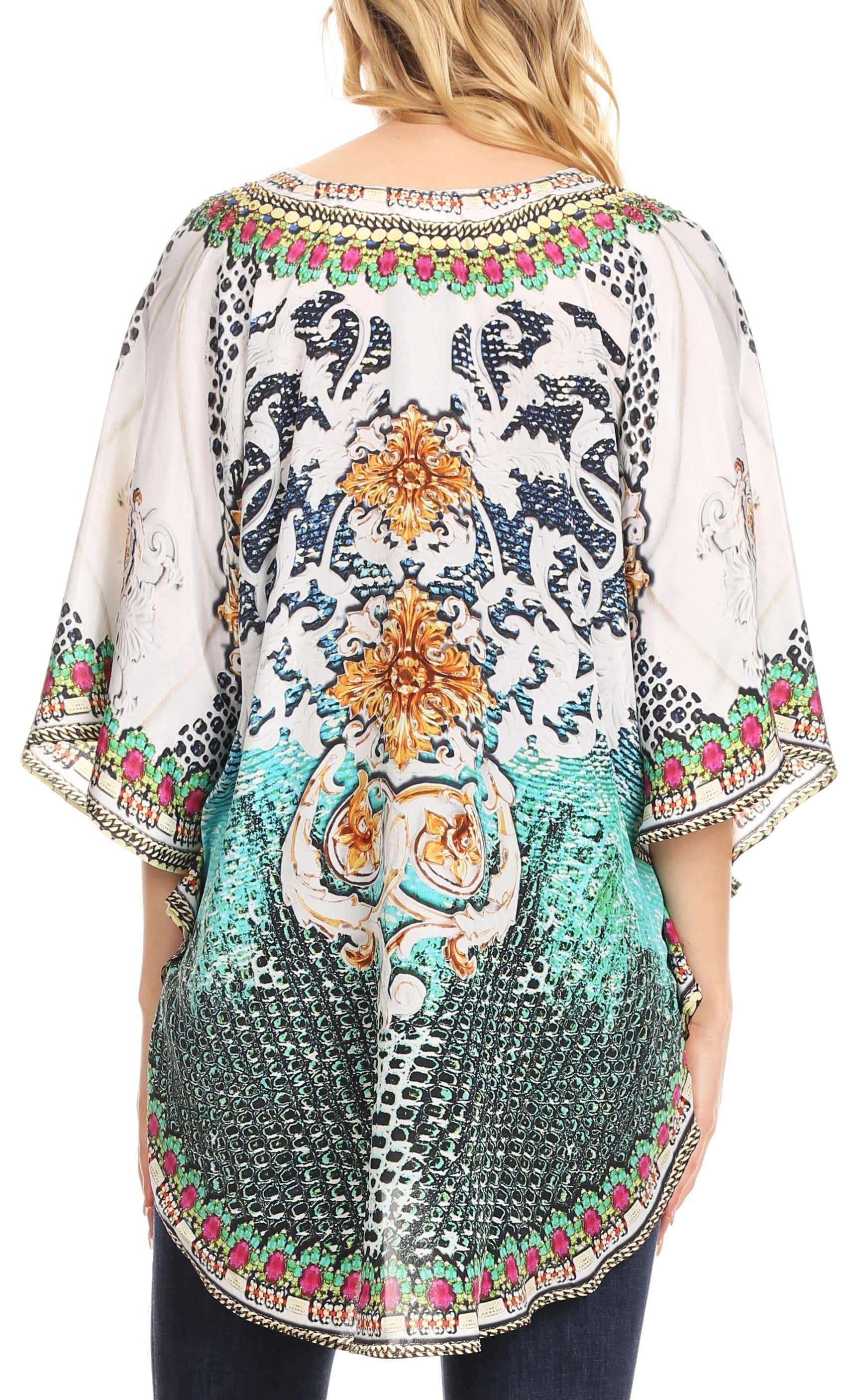 Sakkas Tallulah Wide Circle Blouse V Neck Top With Tassle Ties And Rhinestones - Concordia Style Boutique
