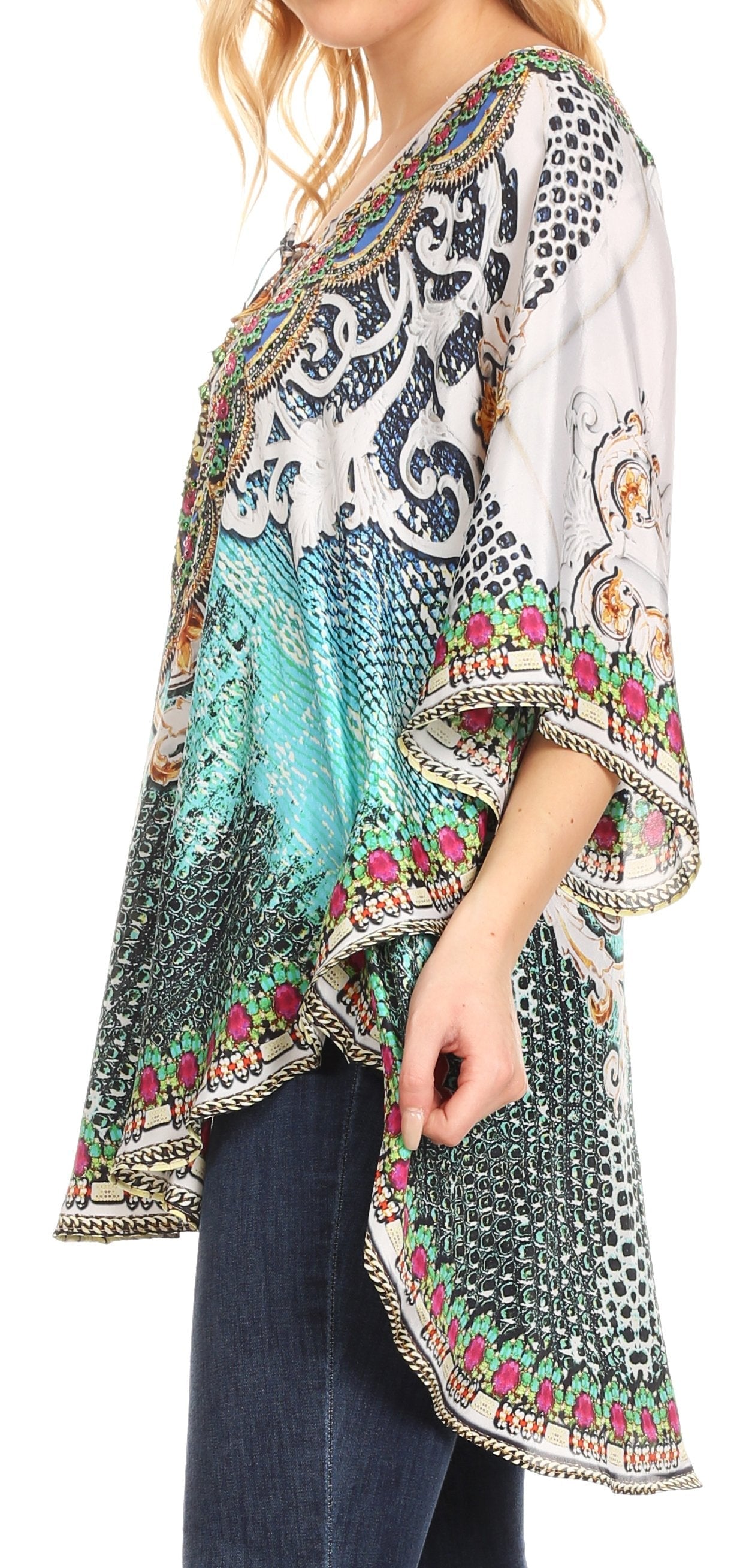 Sakkas Tallulah Wide Circle Blouse V Neck Top With Tassle Ties And Rhinestones - Concordia Style Boutique