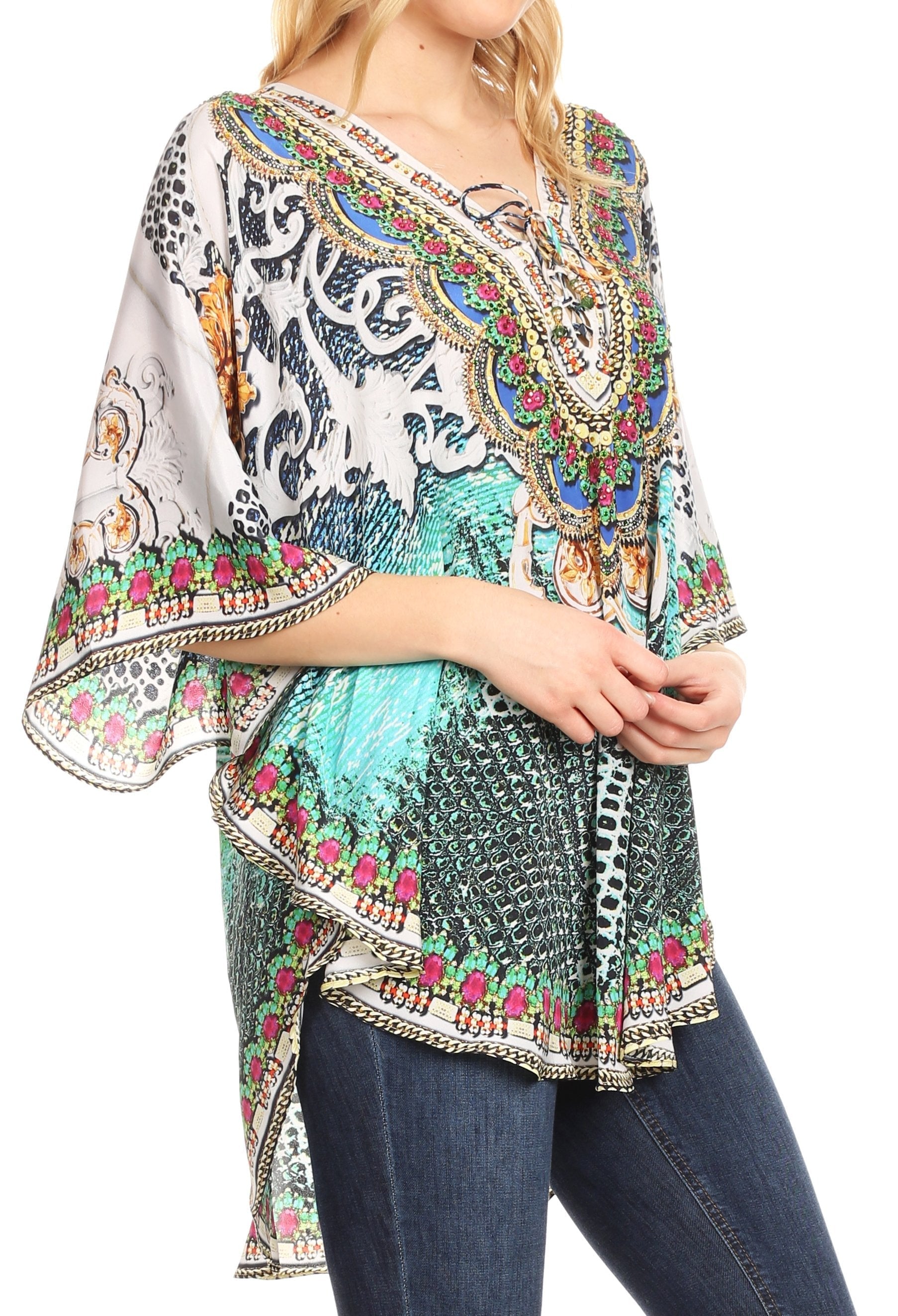 Sakkas Tallulah Wide Circle Blouse V Neck Top With Tassle Ties And Rhinestones - Concordia Style Boutique