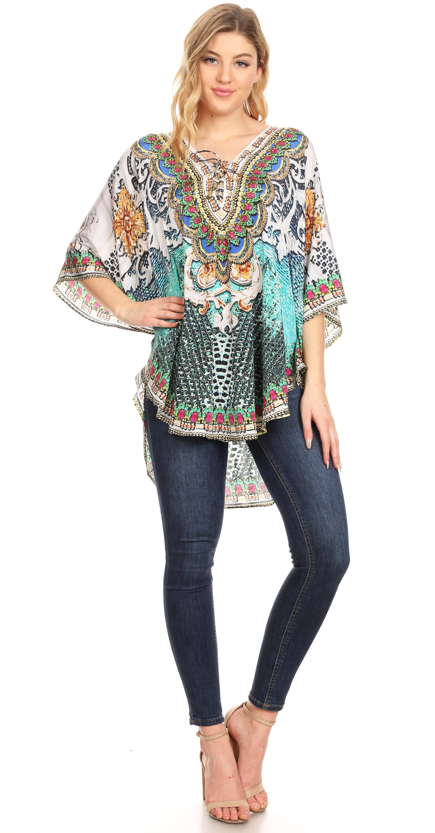 Sakkas Tallulah Wide Circle Blouse V Neck Top With Tassle Ties And Rhinestones - Concordia Style Boutique