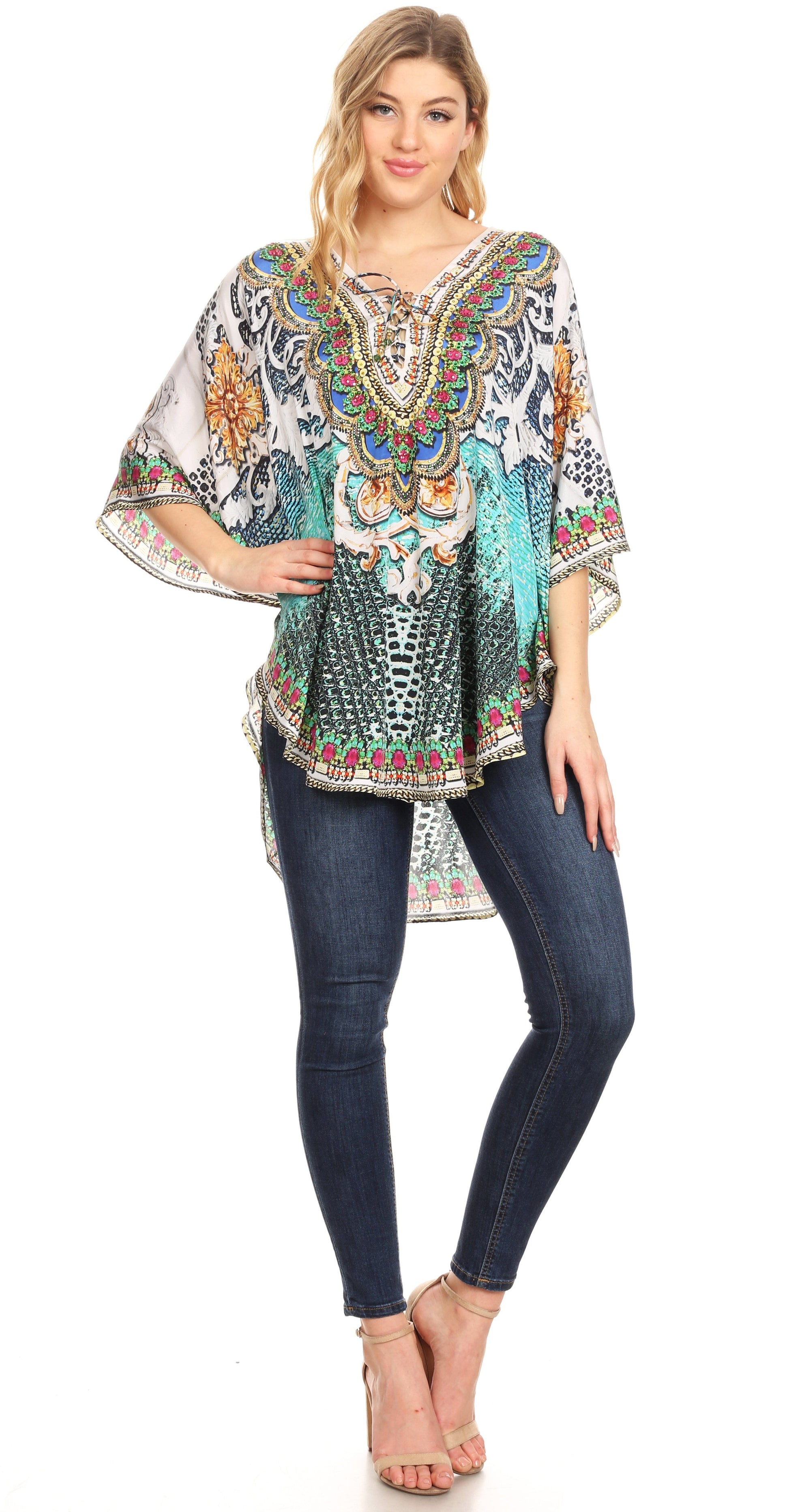 Sakkas Tallulah Wide Circle Blouse V Neck Top With Tassle Ties And Rhinestones - Concordia Style Boutique