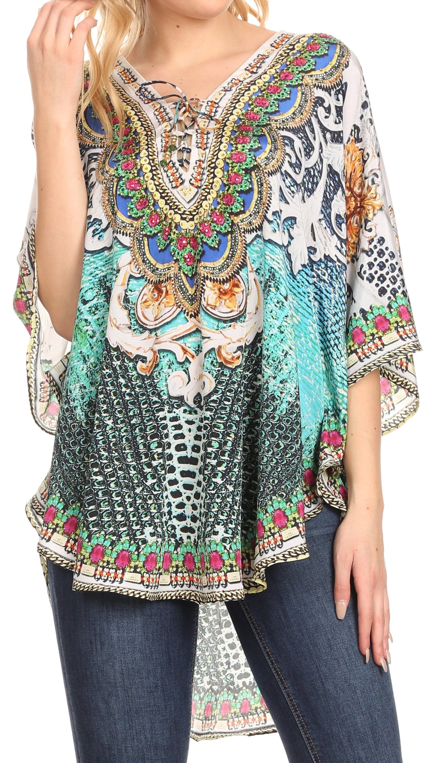 Sakkas Tallulah Wide Circle Blouse V Neck Top With Tassle Ties And Rhinestones - Concordia Style Boutique