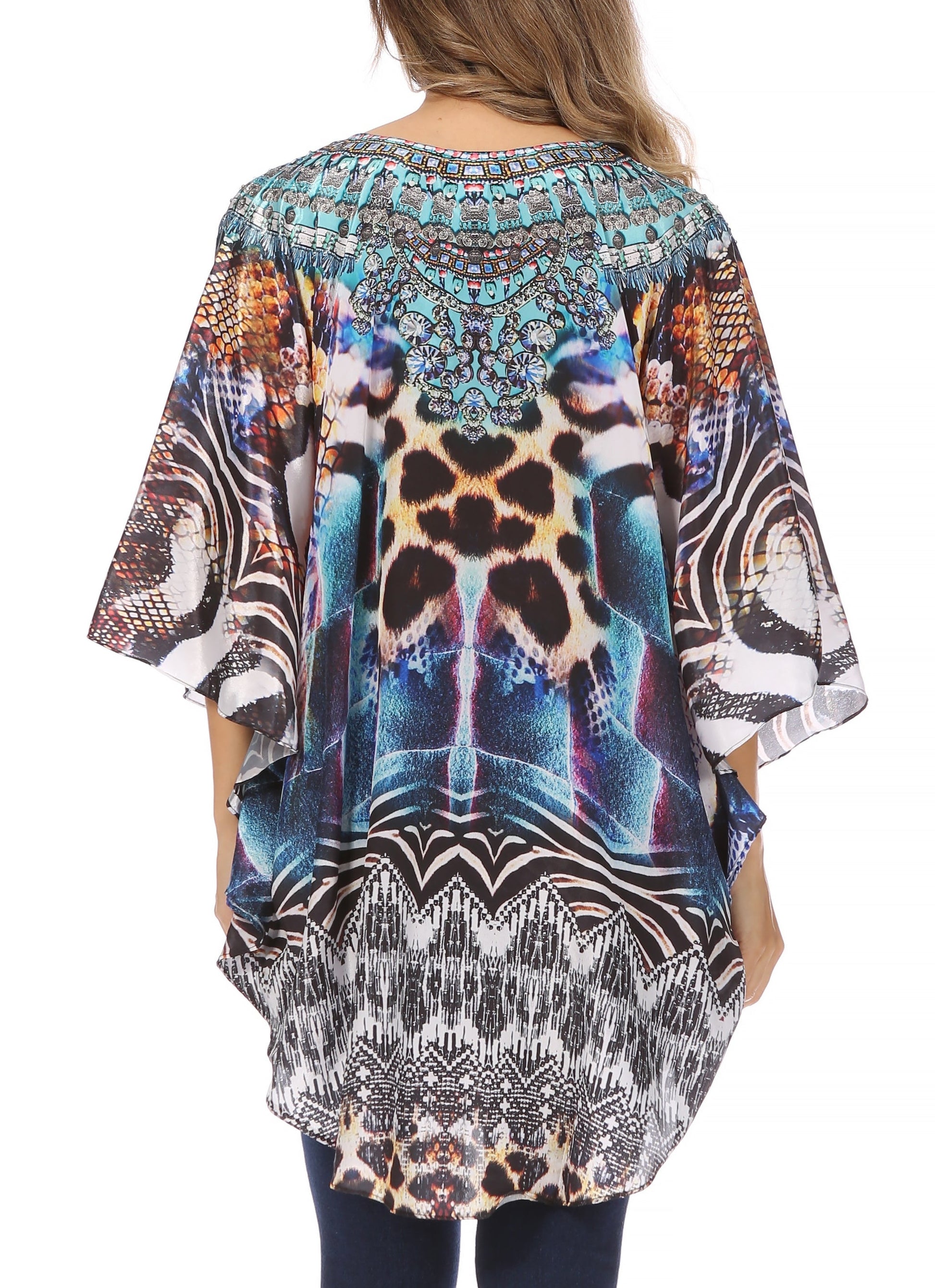Sakkas Tallulah Wide Circle Blouse V Neck Top With Tassle Ties And Rhinestones - Concordia Style Boutique