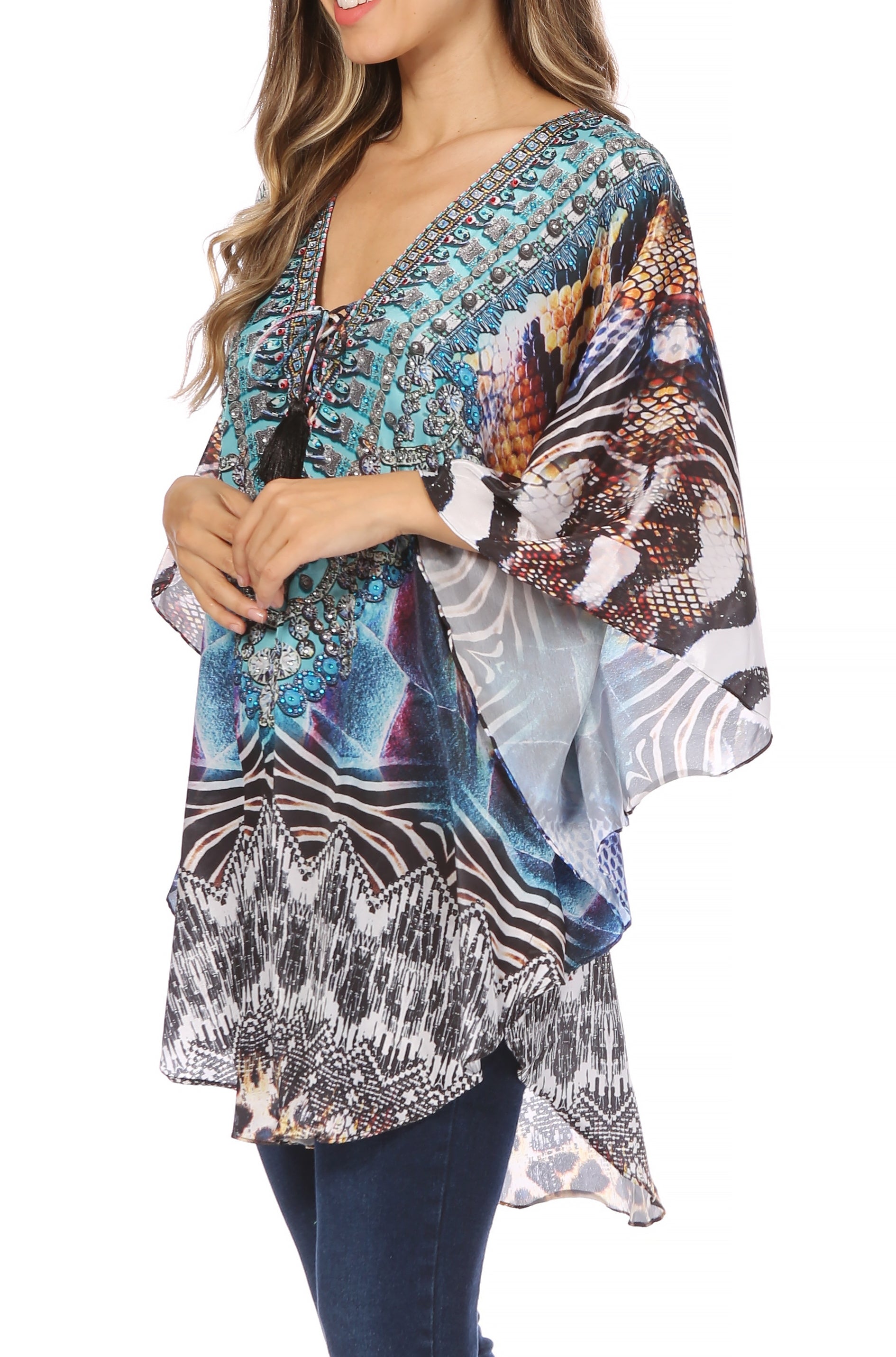 Sakkas Tallulah Wide Circle Blouse V Neck Top With Tassle Ties And Rhinestones - Concordia Style Boutique