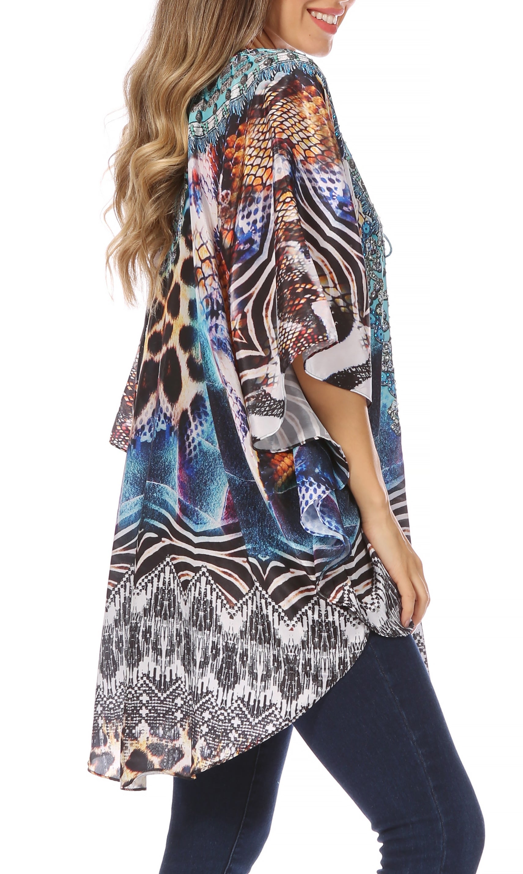 Sakkas Tallulah Wide Circle Blouse V Neck Top With Tassle Ties And Rhinestones - Concordia Style Boutique