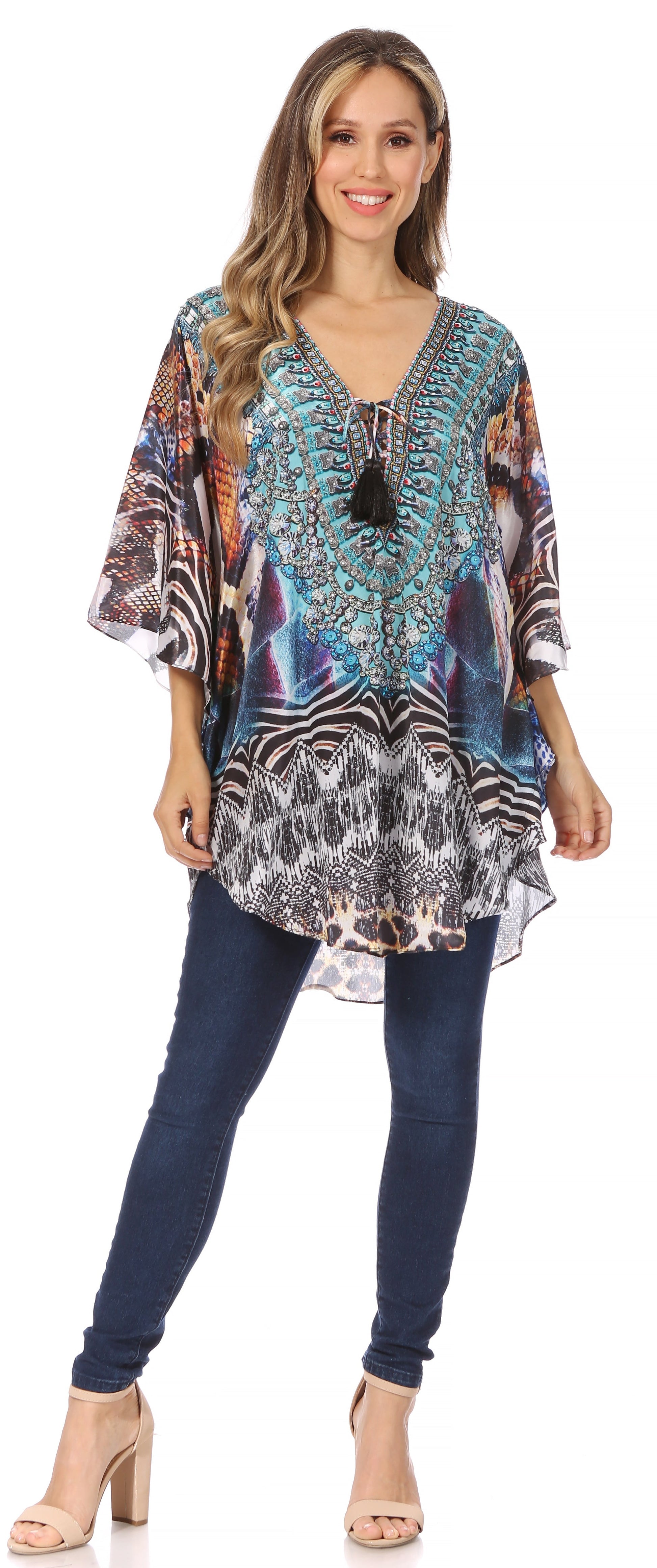 Sakkas Tallulah Wide Circle Blouse V Neck Top With Tassle Ties And Rhinestones - Concordia Style Boutique