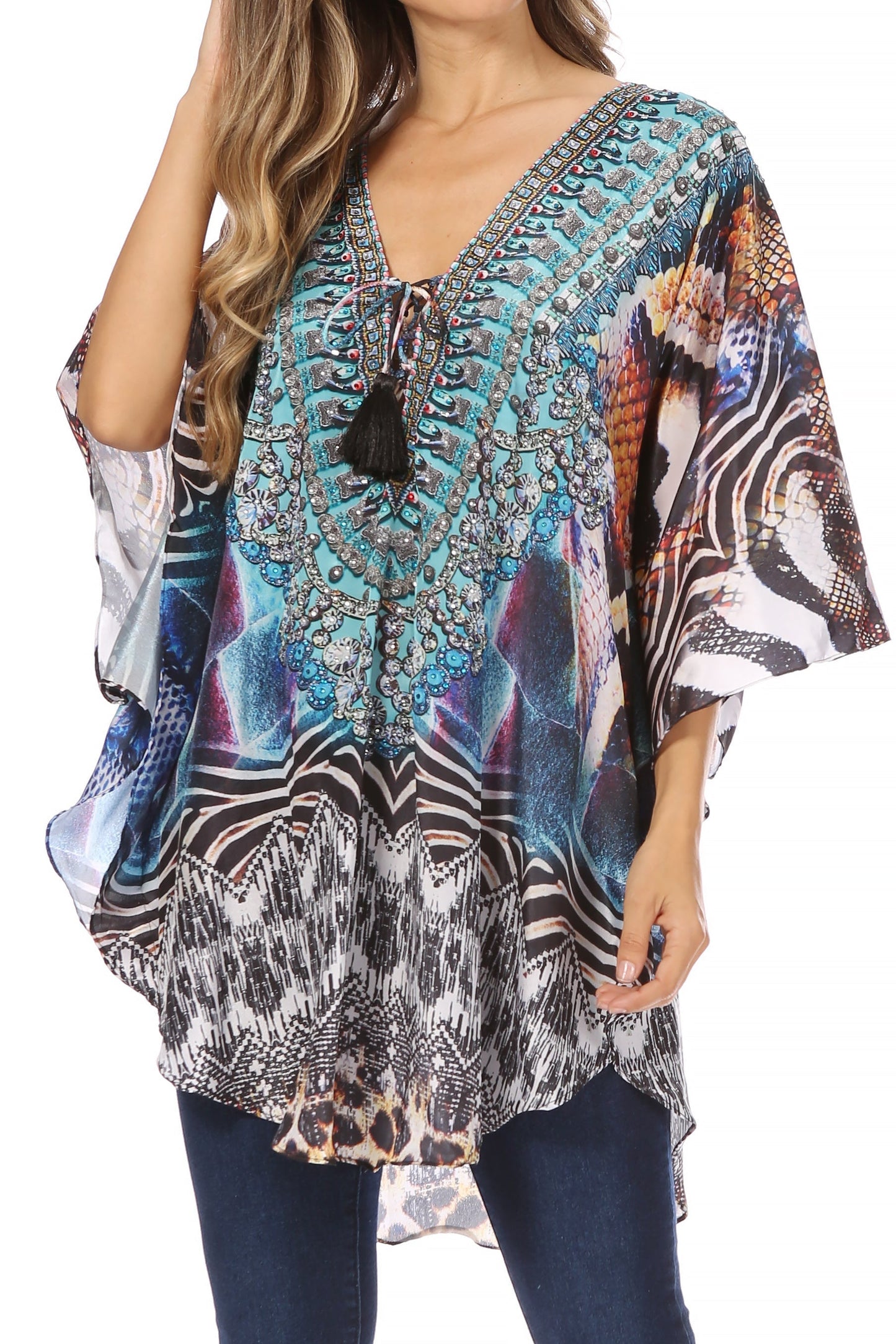 Sakkas Tallulah Wide Circle Blouse V Neck Top With Tassle Ties And Rhinestones - Concordia Style Boutique
