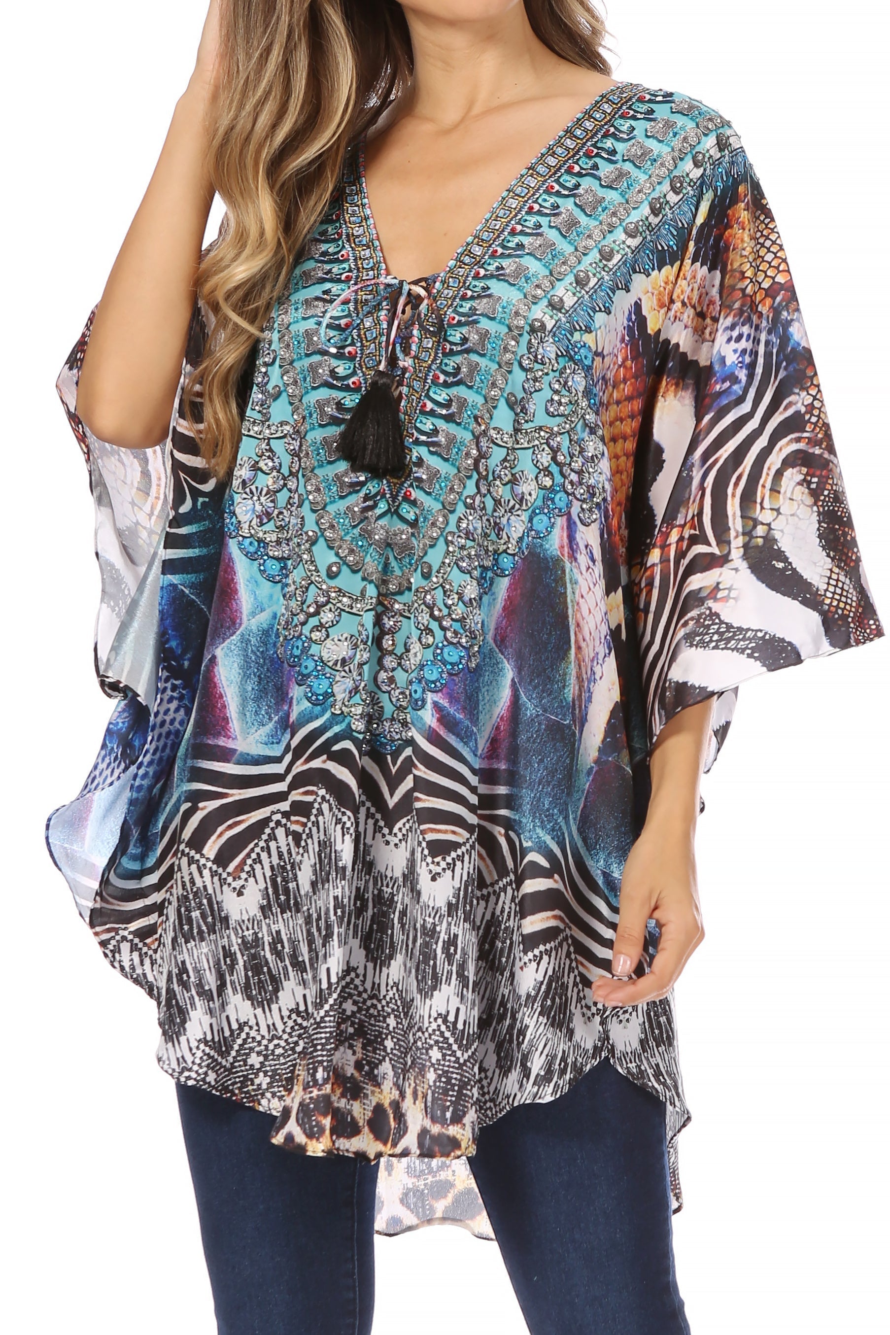 Sakkas Tallulah Wide Circle Blouse V Neck Top With Tassle Ties And Rhinestones - Concordia Style Boutique