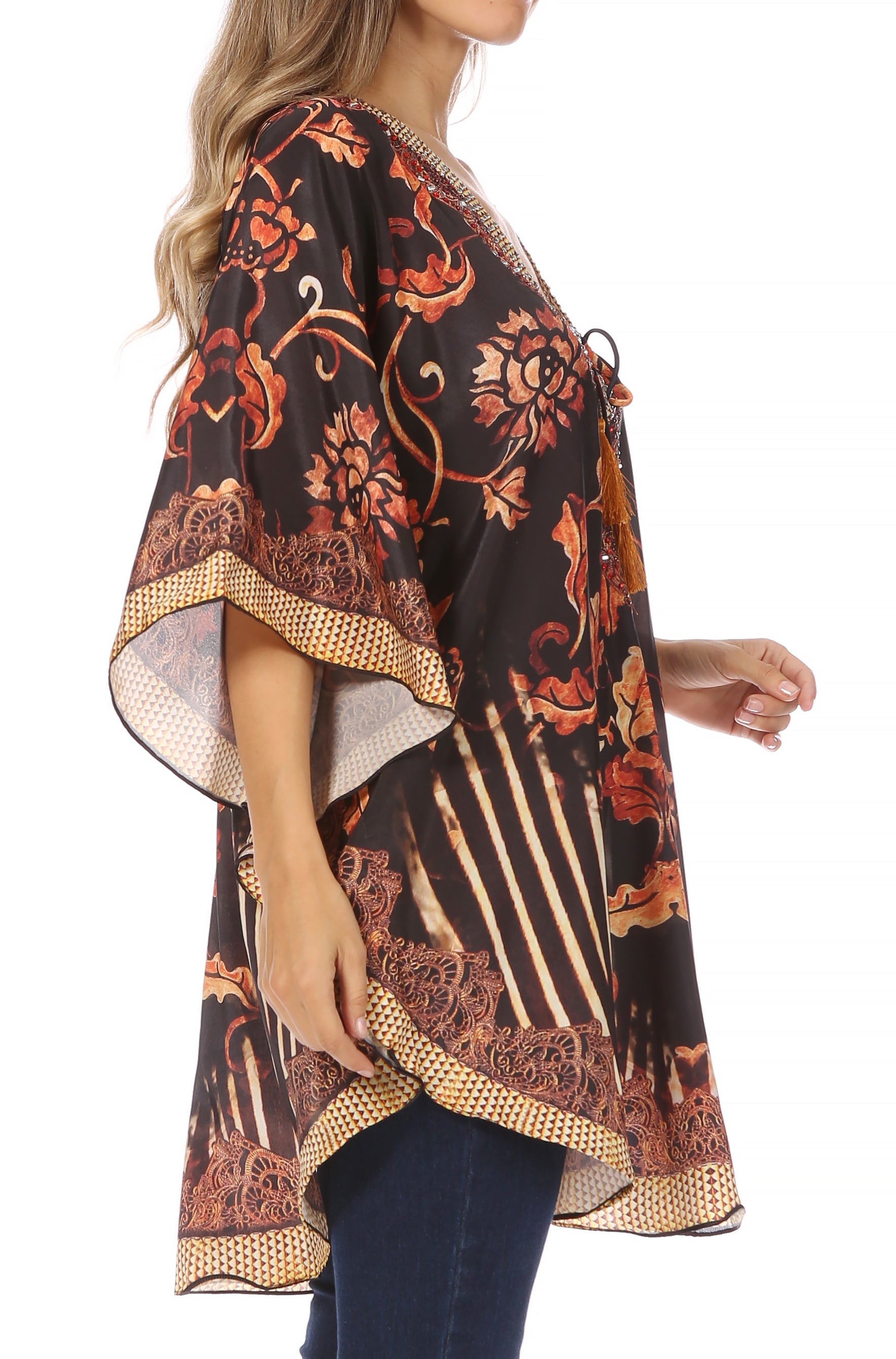 Sakkas Tallulah Wide Circle Blouse V Neck Top With Tassle Ties And Rhinestones - Concordia Style Boutique