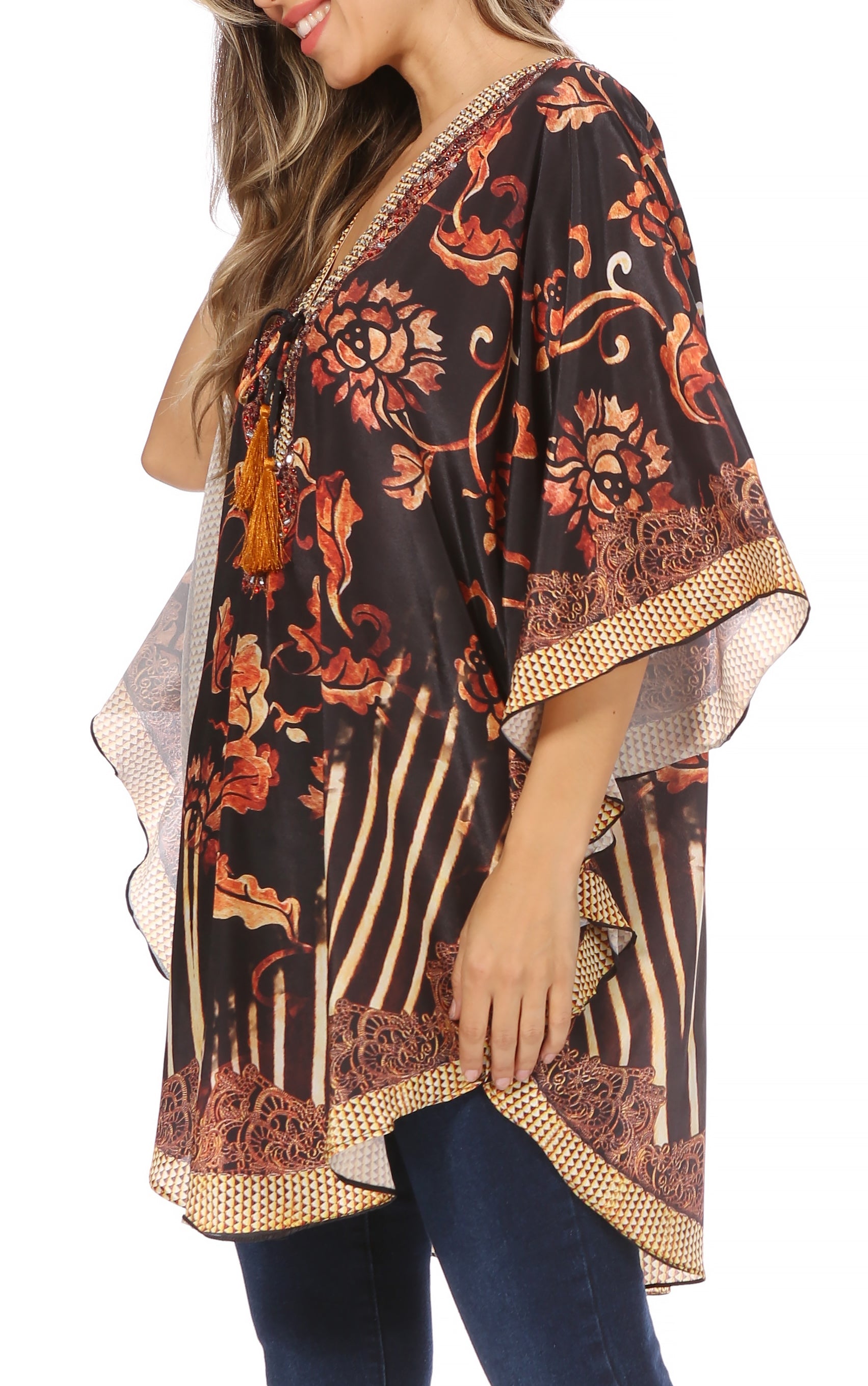 Sakkas Tallulah Wide Circle Blouse V Neck Top With Tassle Ties And Rhinestones - Concordia Style Boutique