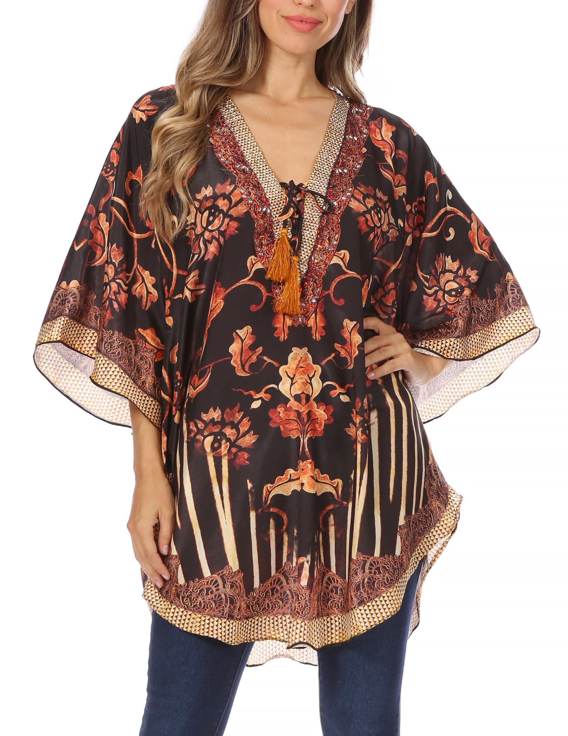 Sakkas Tallulah Wide Circle Blouse V Neck Top With Tassle Ties And Rhinestones - Concordia Style Boutique