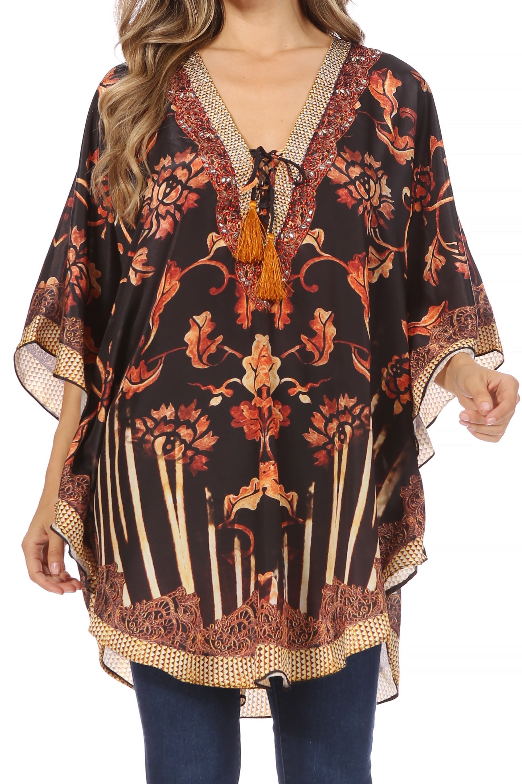 Sakkas Tallulah Wide Circle Blouse V Neck Top With Tassle Ties And Rhinestones - Concordia Style Boutique