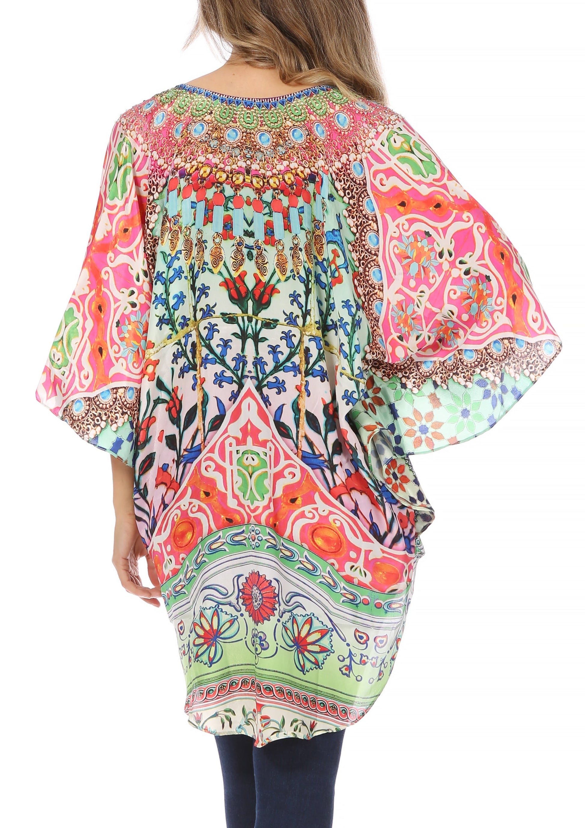 Sakkas Tallulah Wide Circle Blouse V Neck Top With Tassle Ties And Rhinestones - Concordia Style Boutique