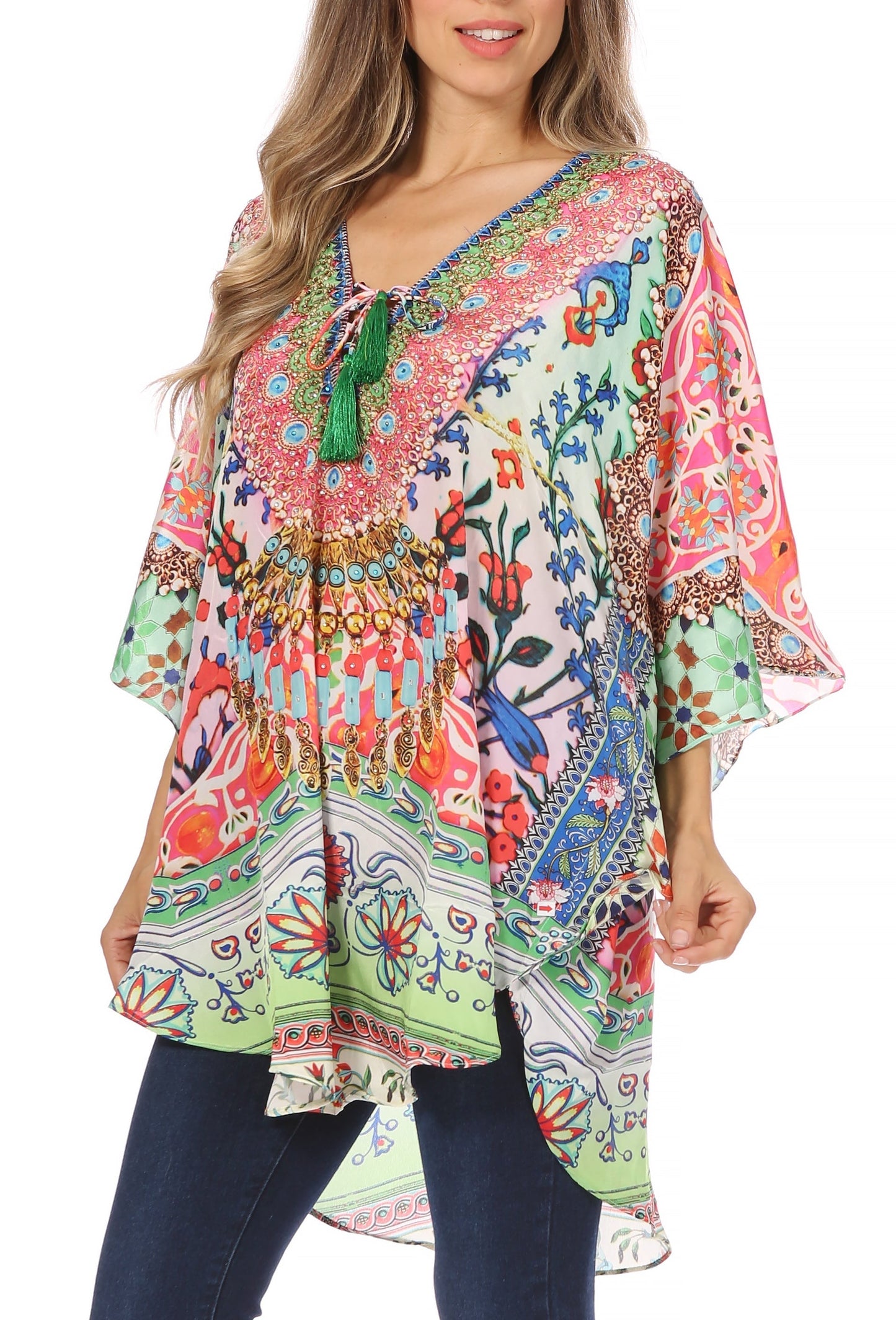 Sakkas Tallulah Wide Circle Blouse V Neck Top With Tassle Ties And Rhinestones - Concordia Style Boutique