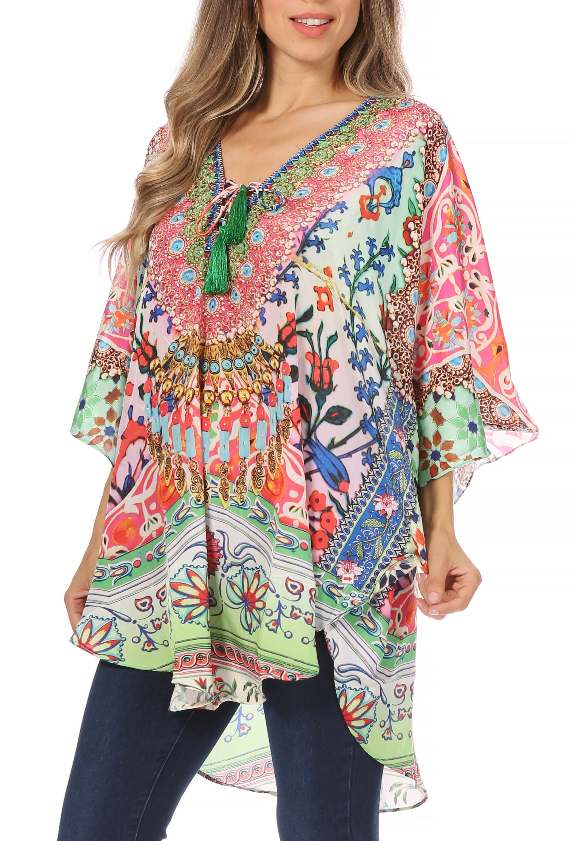 Sakkas Tallulah Wide Circle Blouse V Neck Top With Tassle Ties And Rhinestones - Concordia Style Boutique