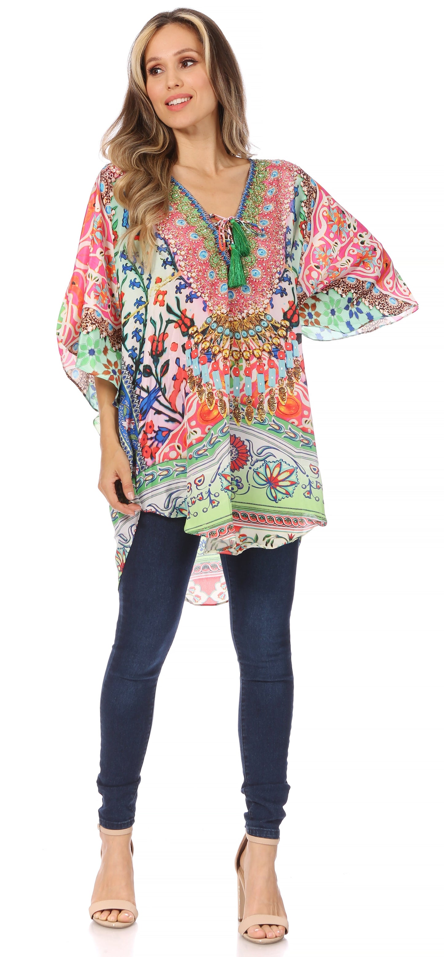 Sakkas Tallulah Wide Circle Blouse V Neck Top With Tassle Ties And Rhinestones - Concordia Style Boutique