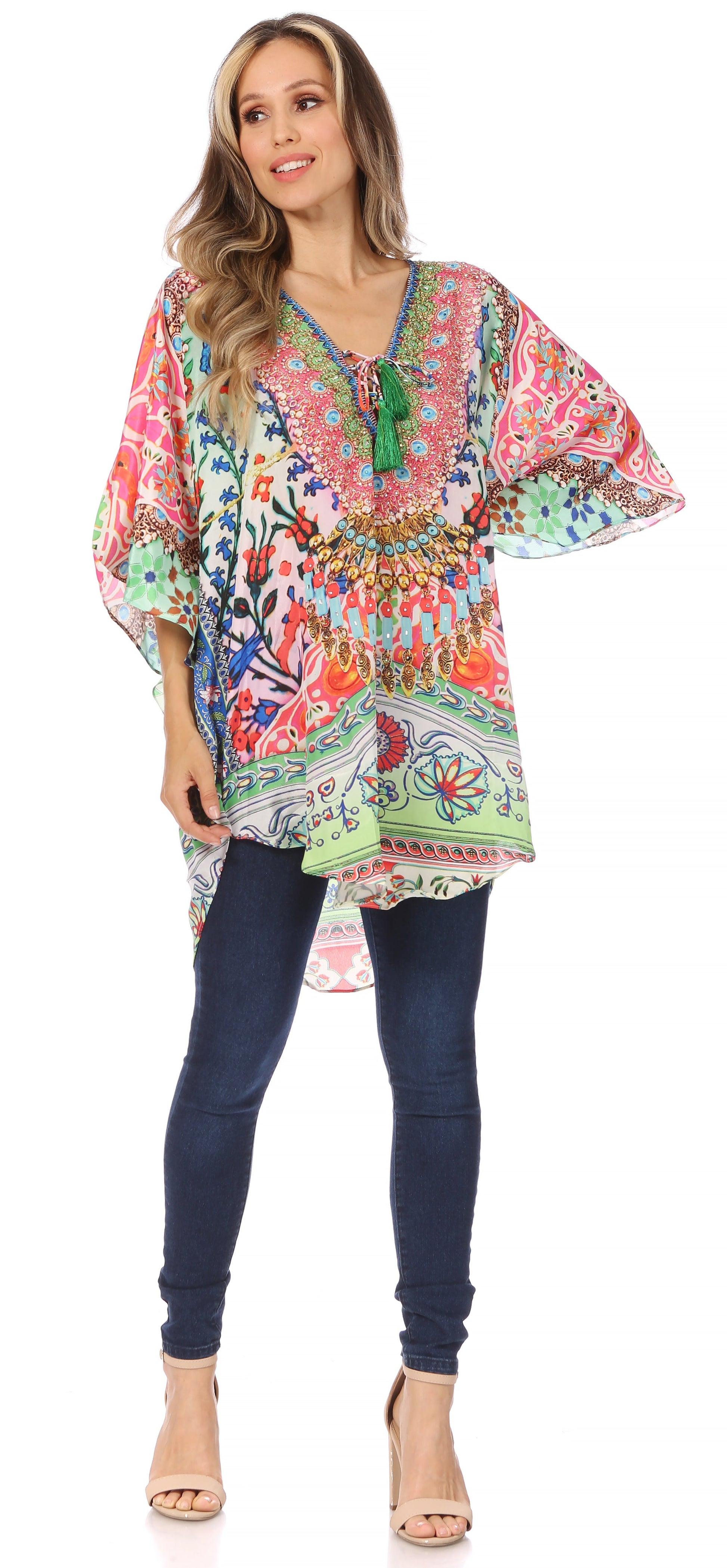 Sakkas Tallulah Wide Circle Blouse V Neck Top With Tassle Ties And Rhinestones - Concordia Style Boutique