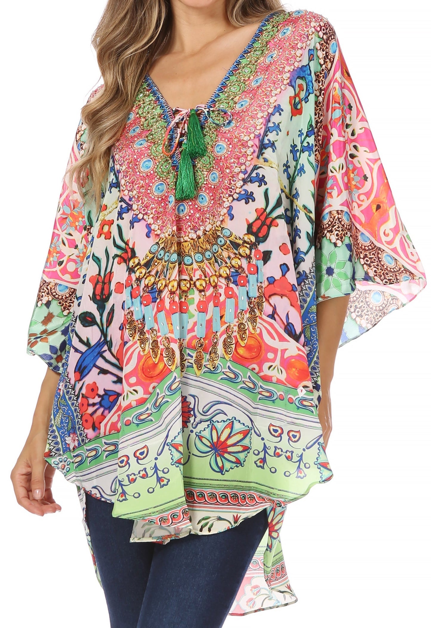 Sakkas Tallulah Wide Circle Blouse V Neck Top With Tassle Ties And Rhinestones - Concordia Style Boutique
