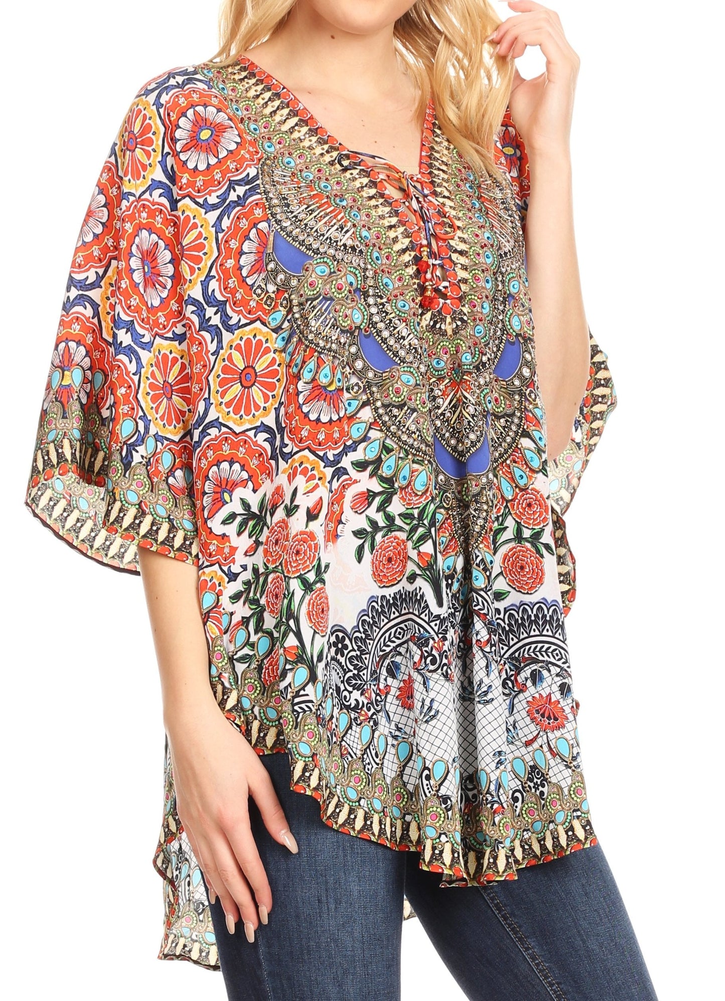 Sakkas Tallulah Wide Circle Blouse V Neck Top With Tassle Ties And Rhinestones - Concordia Style Boutique