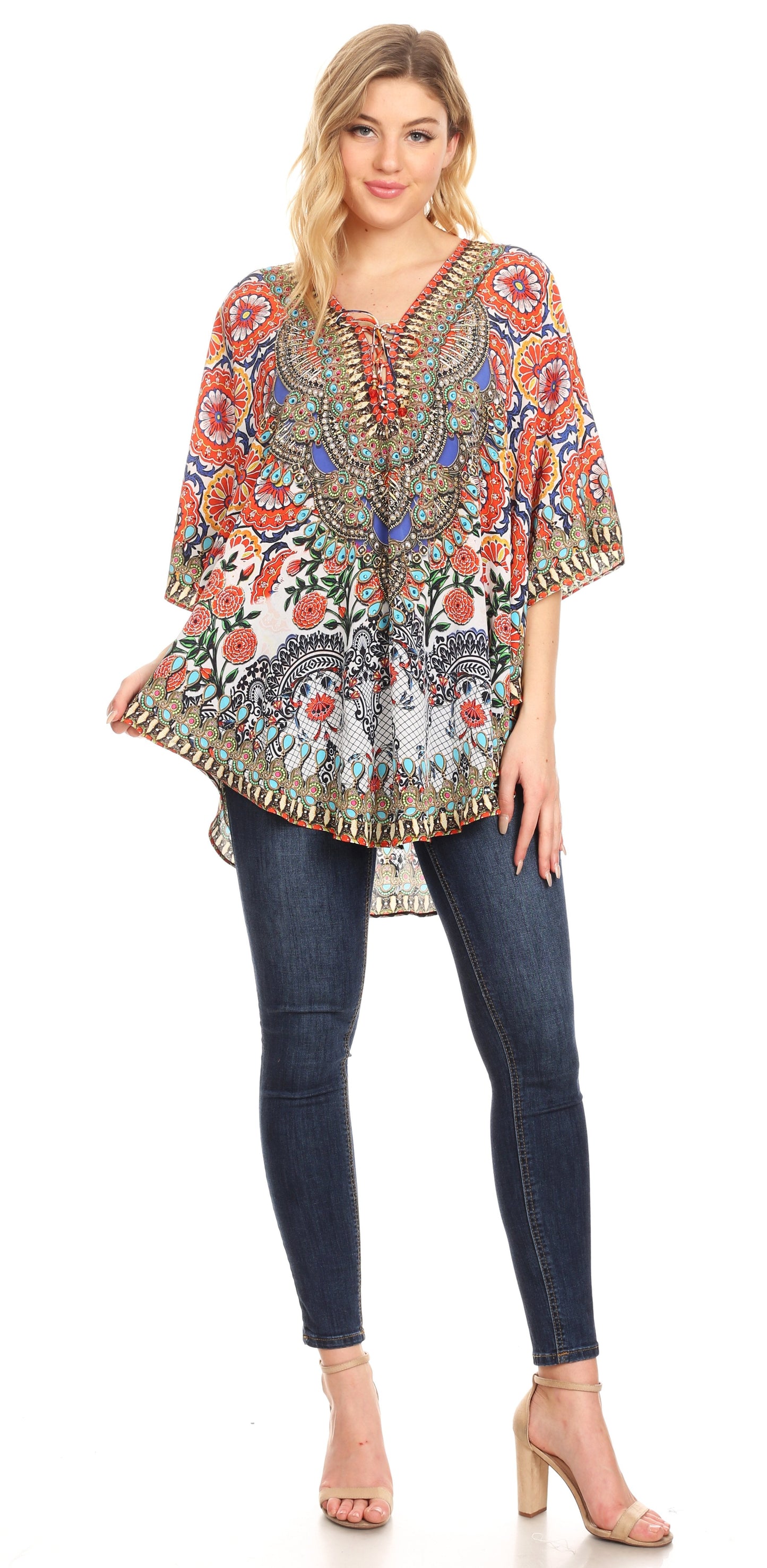 Sakkas Tallulah Wide Circle Blouse V Neck Top With Tassle Ties And Rhinestones - Concordia Style Boutique