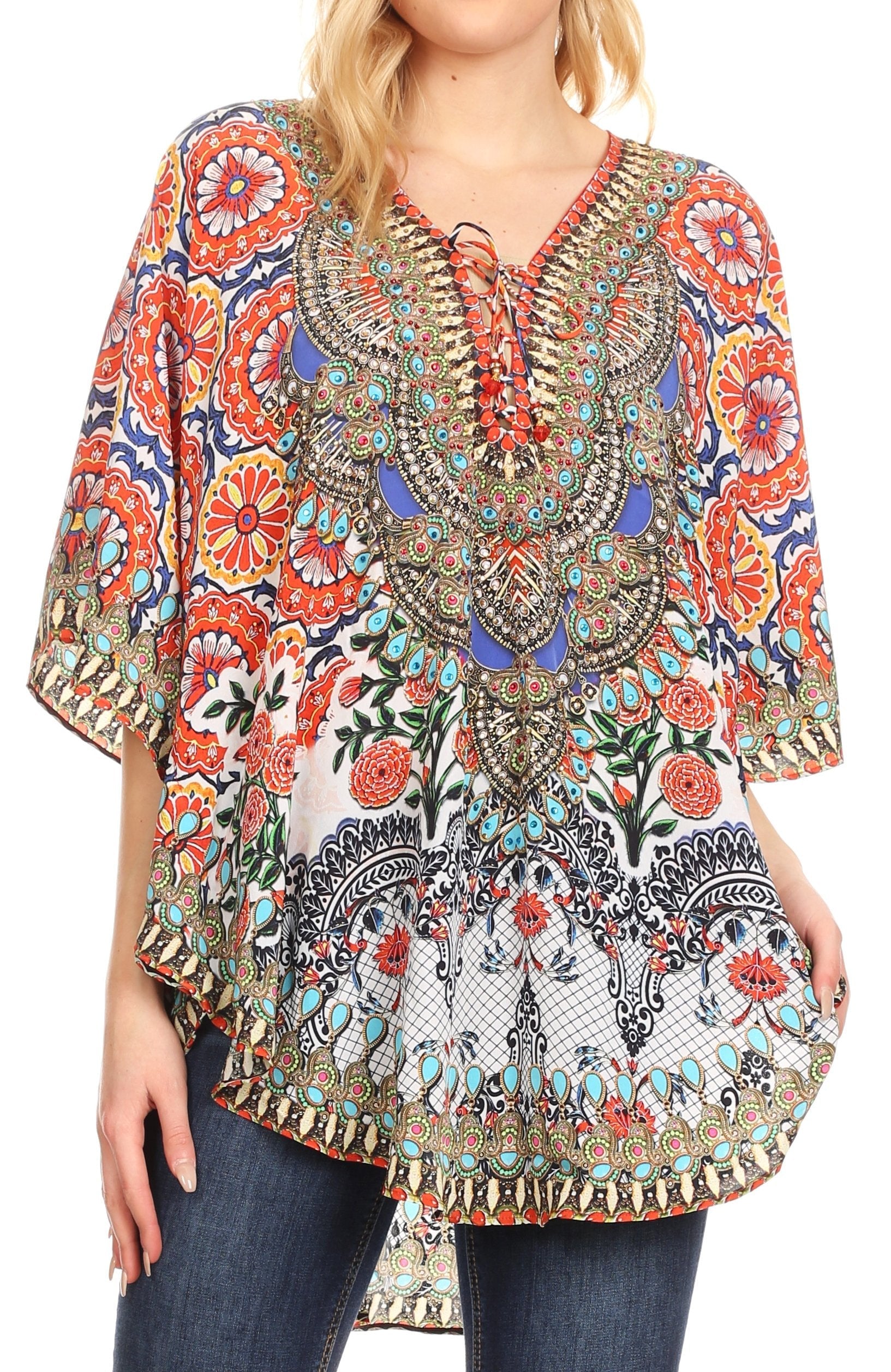 Sakkas Tallulah Wide Circle Blouse V Neck Top With Tassle Ties And Rhinestones - Concordia Style Boutique