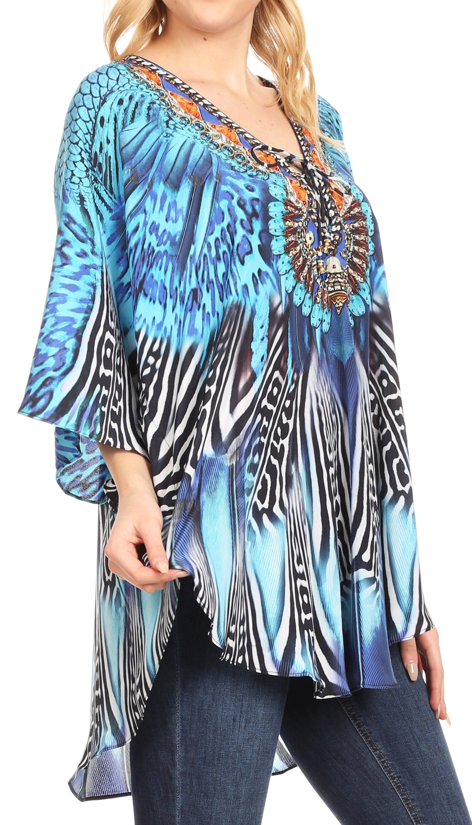 Sakkas Tallulah Wide Circle Blouse V Neck Top With Tassle Ties And Rhinestones - Concordia Style Boutique