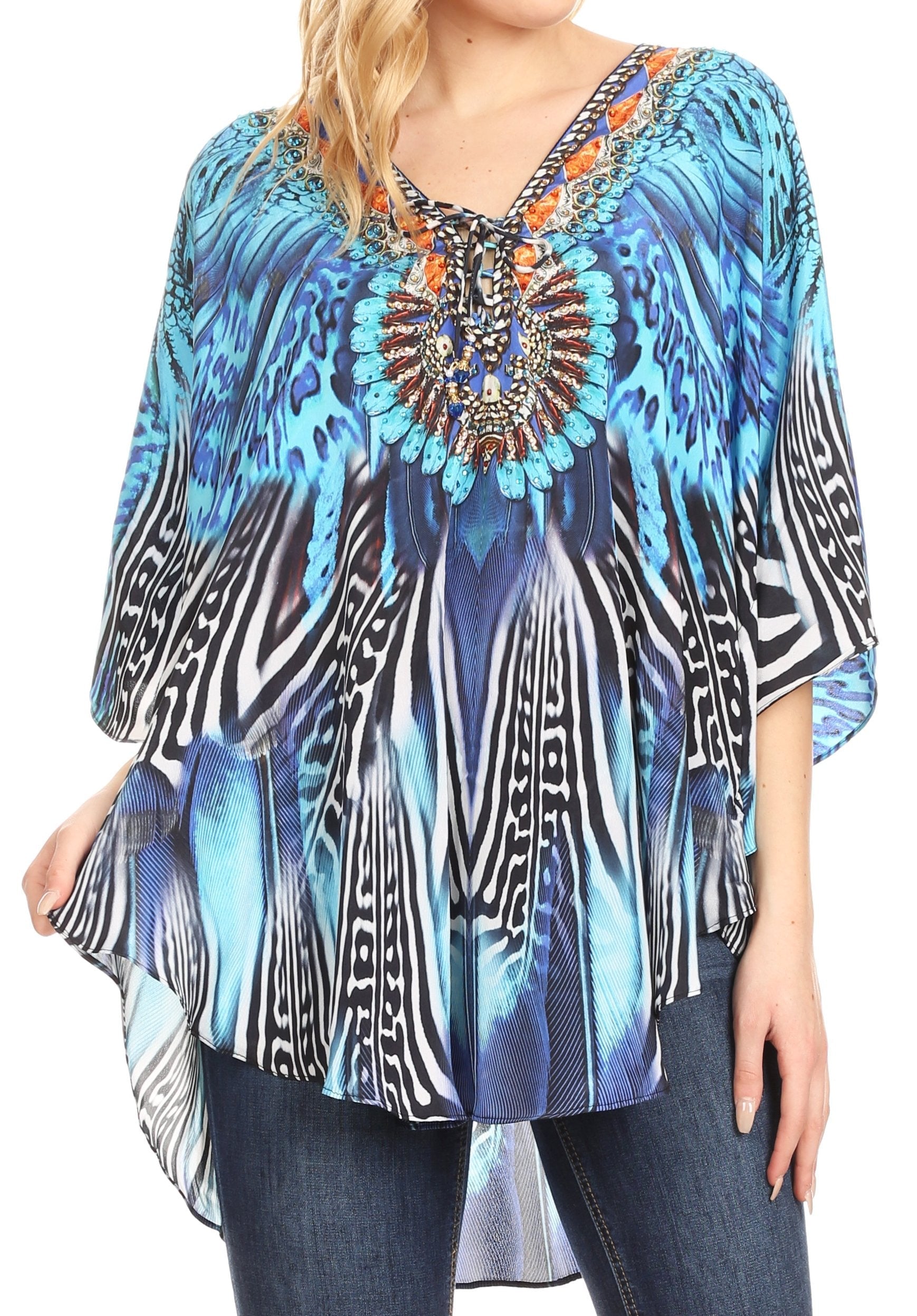 Sakkas Tallulah Wide Circle Blouse V Neck Top With Tassle Ties And Rhinestones - Concordia Style Boutique
