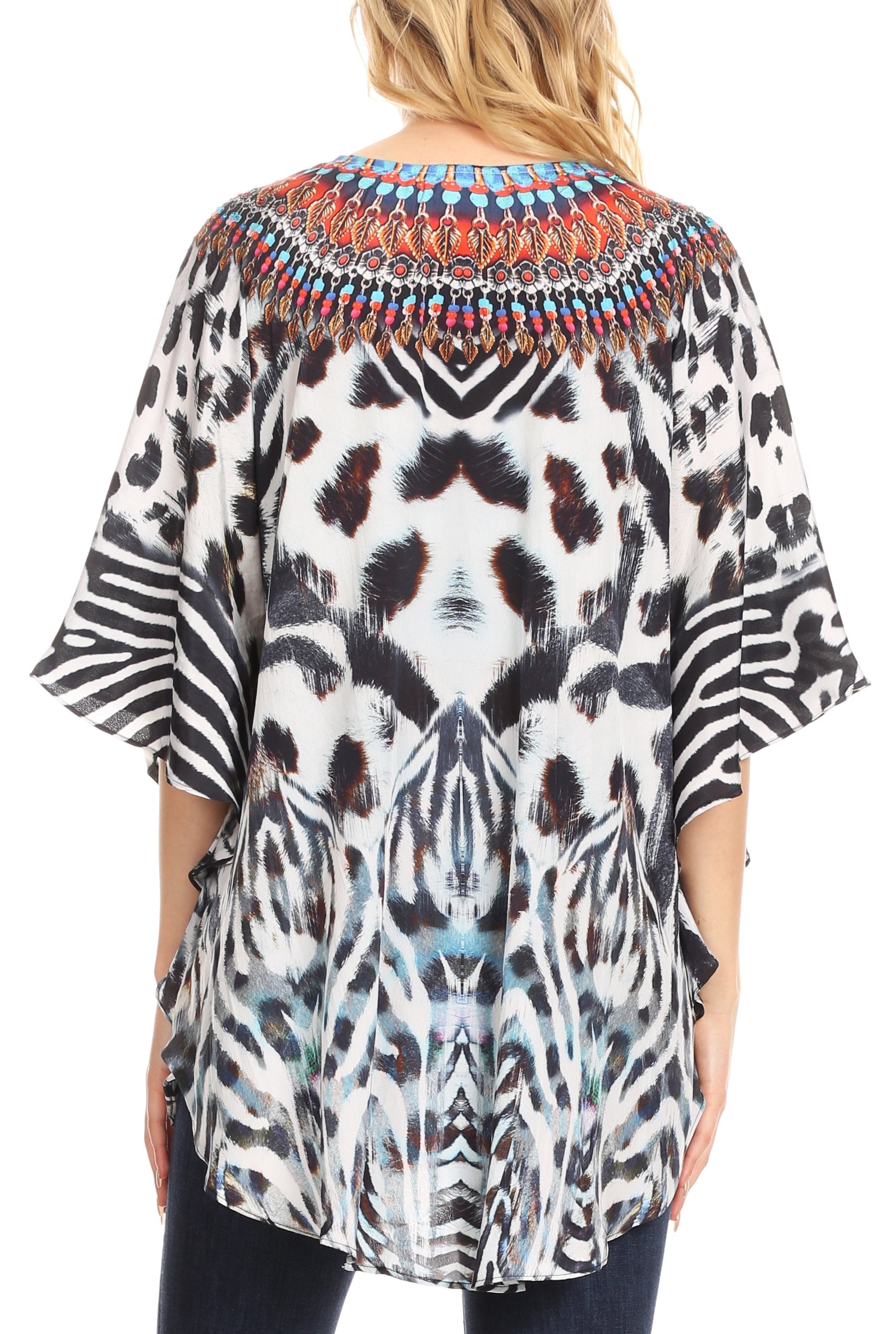 Sakkas Tallulah Wide Circle Blouse V Neck Top With Tassle Ties And Rhinestones - Concordia Style Boutique