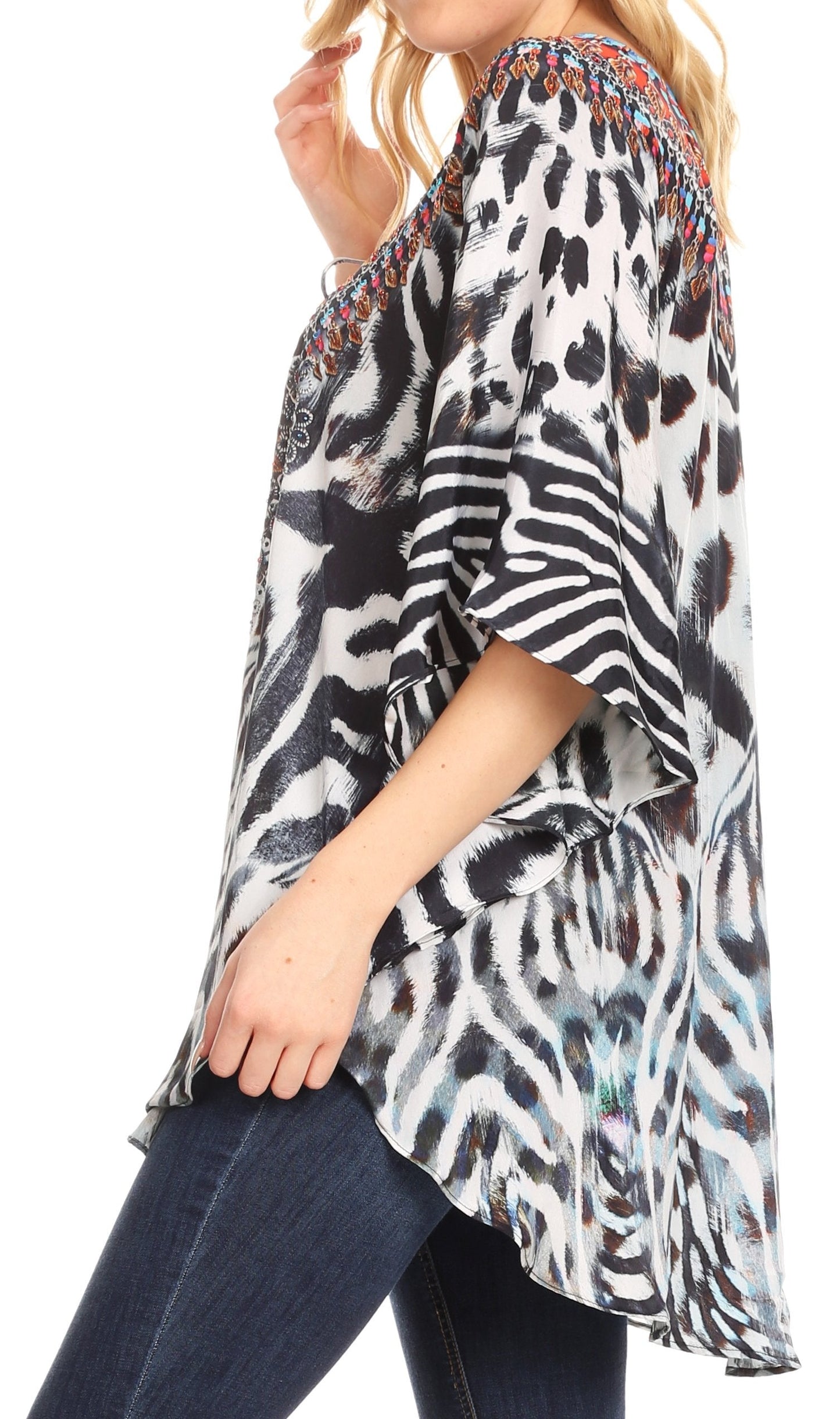 Sakkas Tallulah Wide Circle Blouse V Neck Top With Tassle Ties And Rhinestones - Concordia Style Boutique