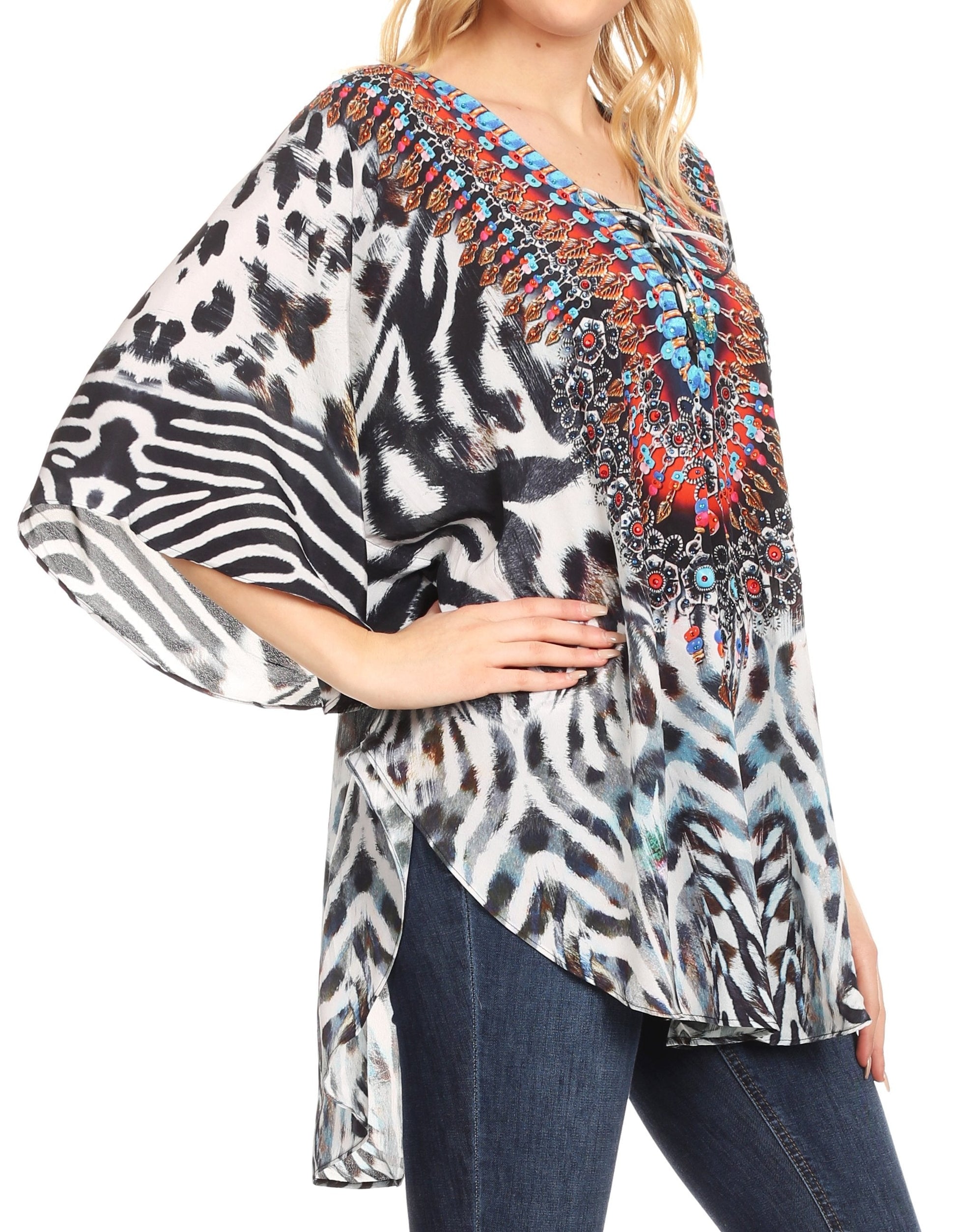 Sakkas Tallulah Wide Circle Blouse V Neck Top With Tassle Ties And Rhinestones - Concordia Style Boutique