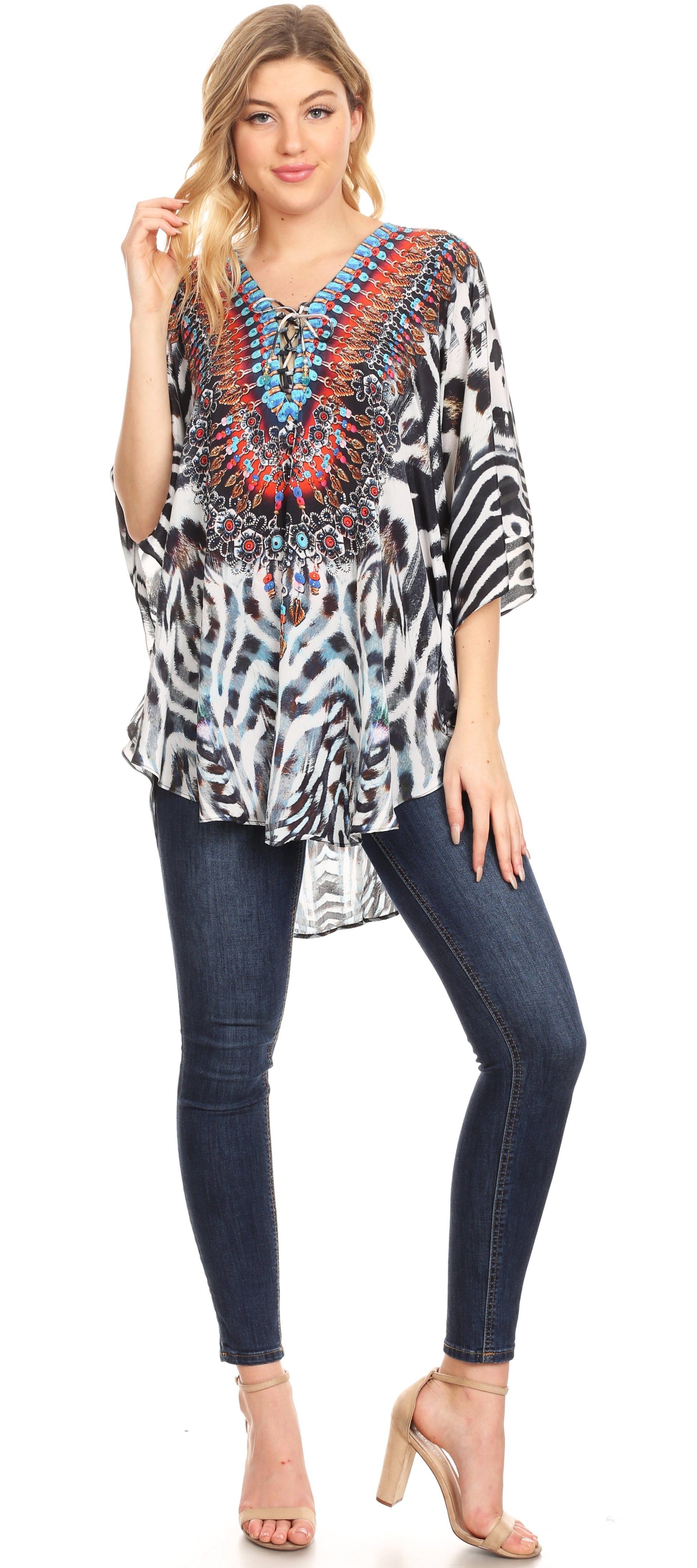 Sakkas Tallulah Wide Circle Blouse V Neck Top With Tassle Ties And Rhinestones - Concordia Style Boutique
