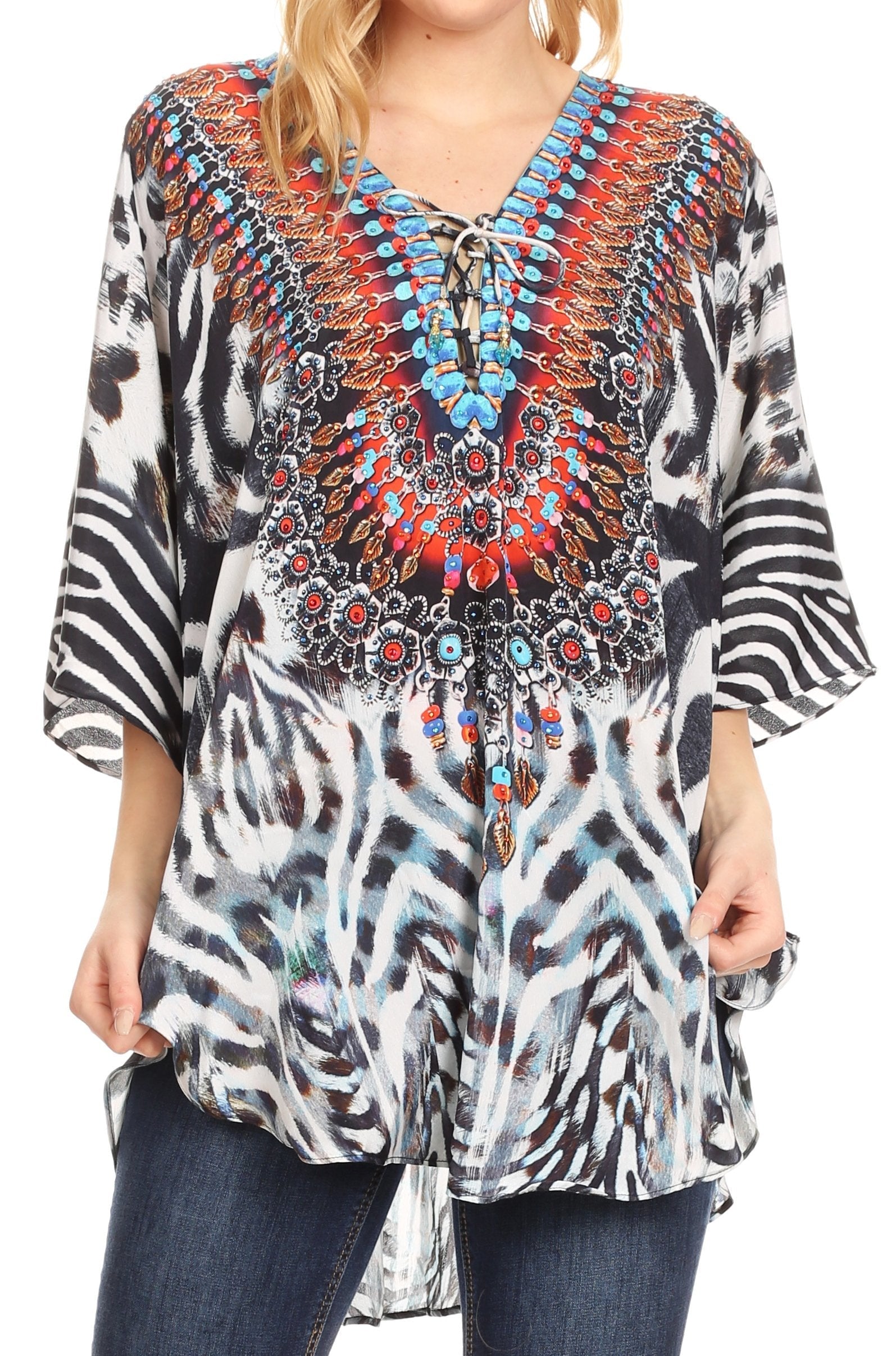 Sakkas Tallulah Wide Circle Blouse V Neck Top With Tassle Ties And Rhinestones - Concordia Style Boutique
