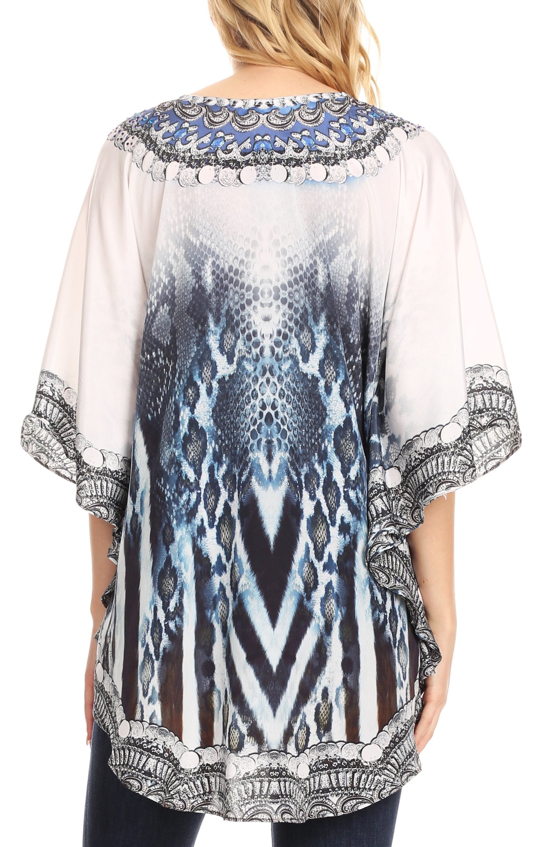 Sakkas Tallulah Wide Circle Blouse V Neck Top With Tassle Ties And Rhinestones - Concordia Style Boutique