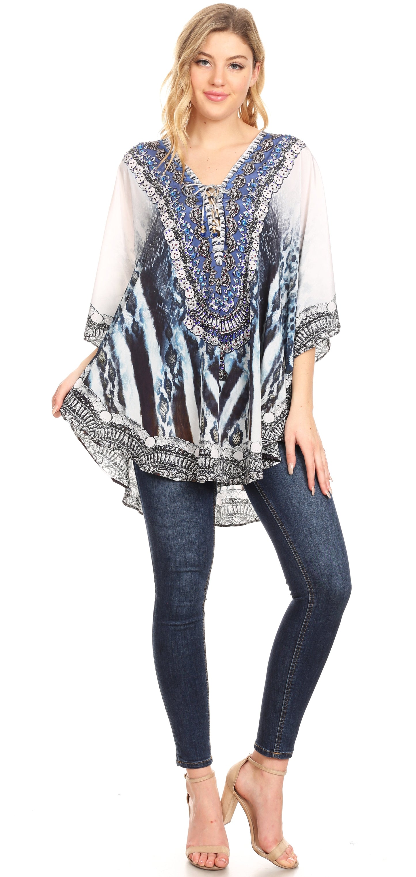 Sakkas Tallulah Wide Circle Blouse V Neck Top With Tassle Ties And Rhinestones - Concordia Style Boutique