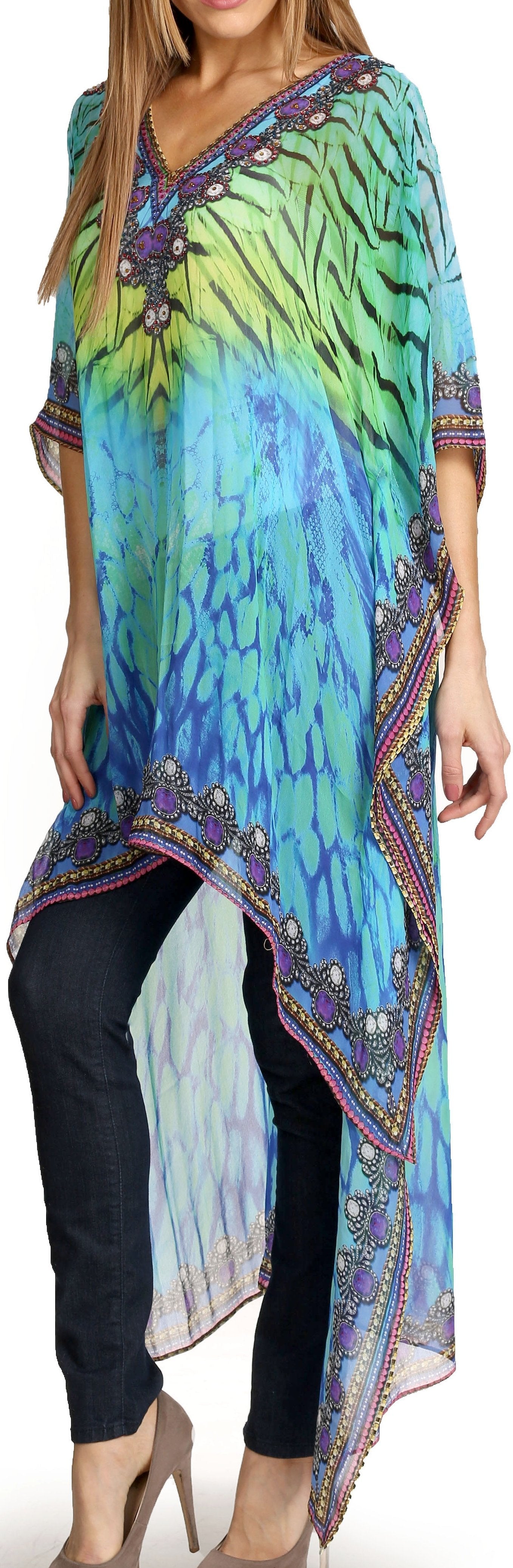 Sakkas Zeke Hi Low V-Neck Caftan Dress Printed Top Cover / Up - Concordia Style Boutique