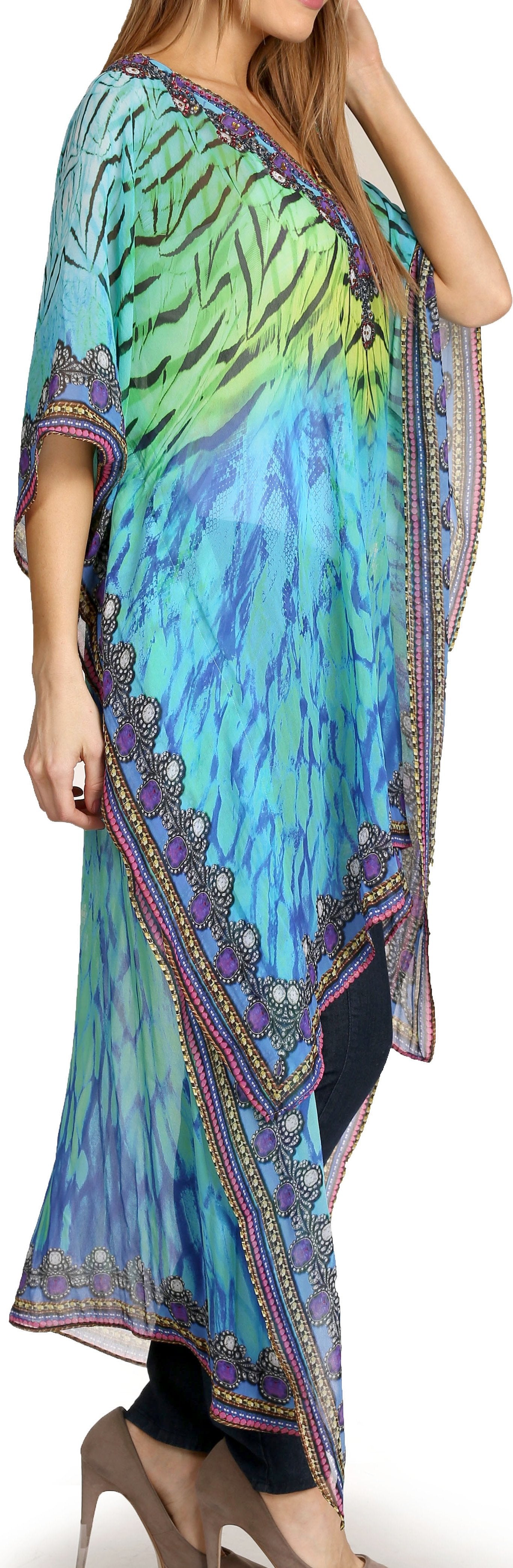 Sakkas Zeke Hi Low V-Neck Caftan Dress Printed Top Cover / Up - Concordia Style Boutique