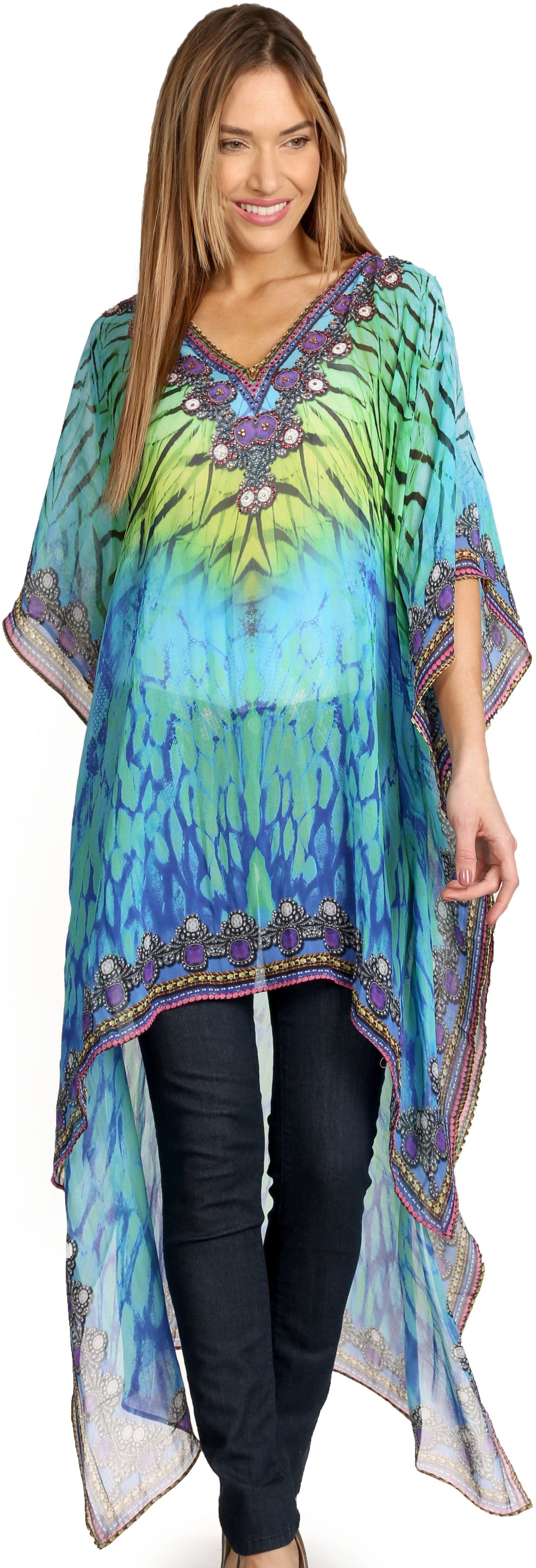 Sakkas Zeke Hi Low V-Neck Caftan Dress Printed Top Cover / Up - Concordia Style Boutique