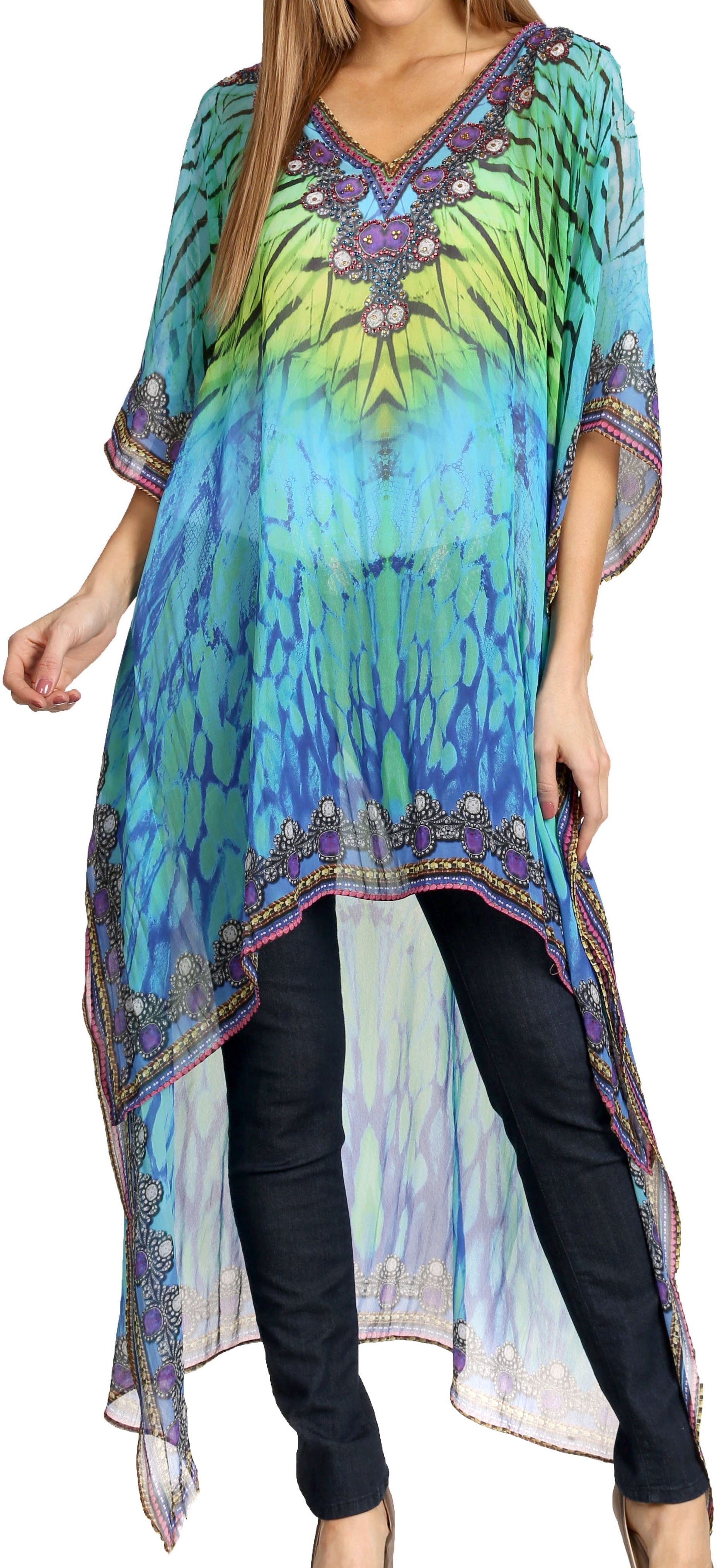 Sakkas Zeke Hi Low V-Neck Caftan Dress Printed Top Cover / Up - Concordia Style Boutique