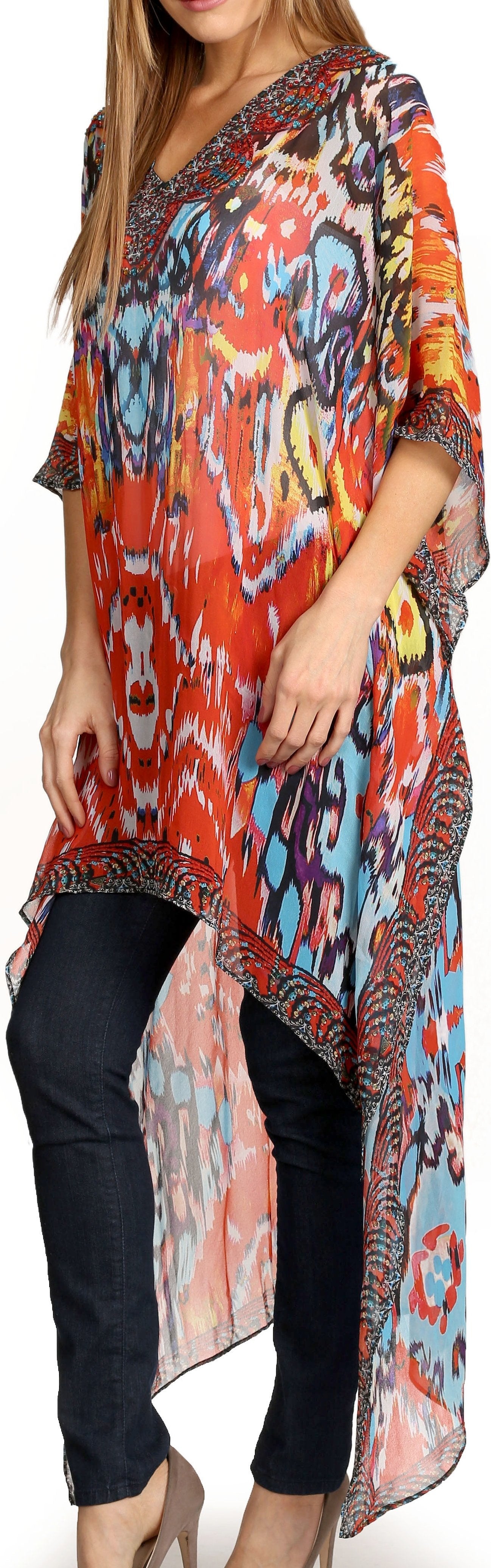 Sakkas Zeke Hi Low V-Neck Caftan Dress Printed Top Cover / Up - Concordia Style Boutique