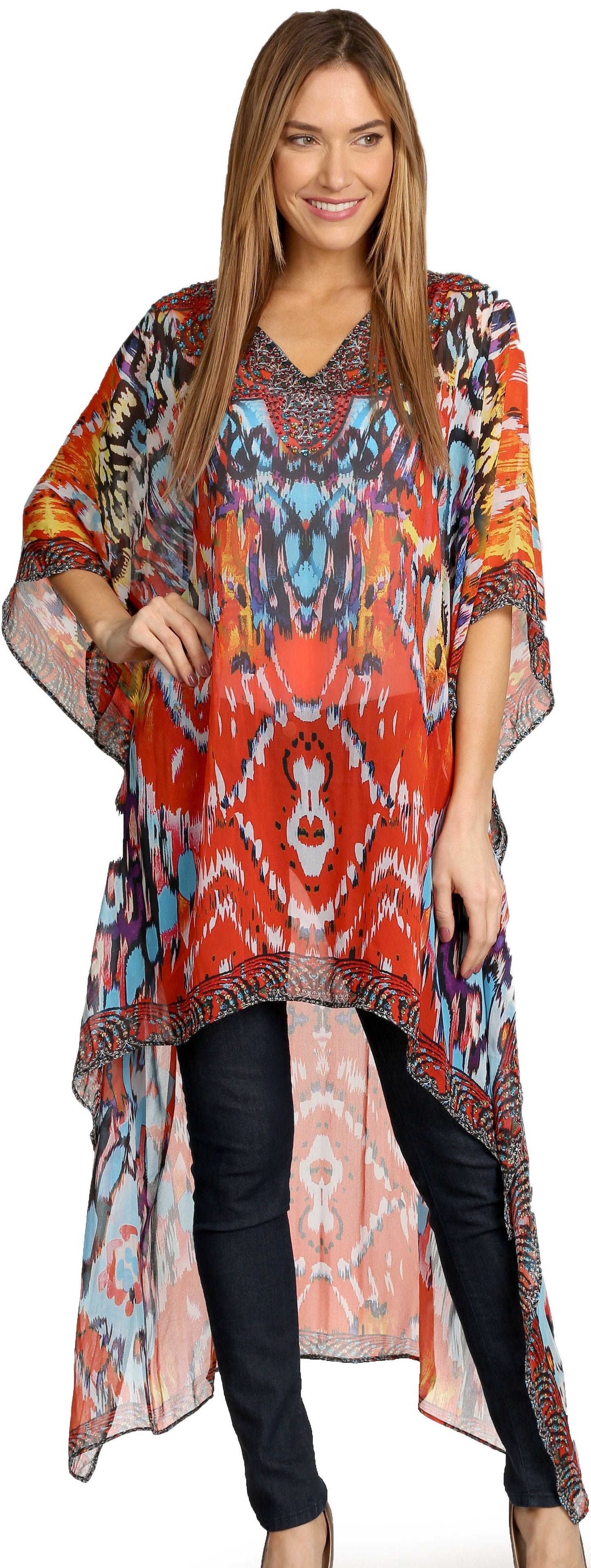 Sakkas Zeke Hi Low V-Neck Caftan Dress Printed Top Cover / Up - Concordia Style Boutique