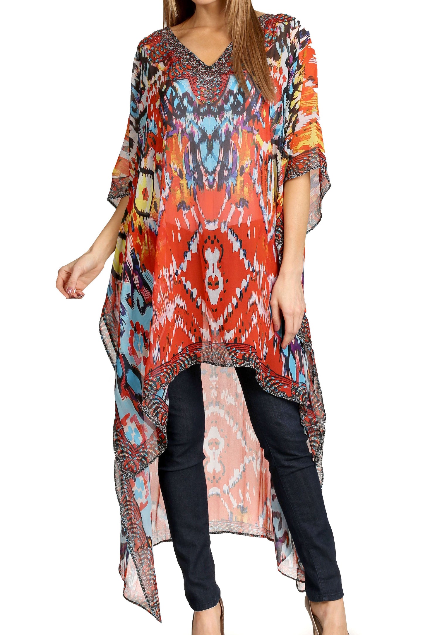 Sakkas Zeke Hi Low V-Neck Caftan Dress Printed Top Cover / Up - Concordia Style Boutique
