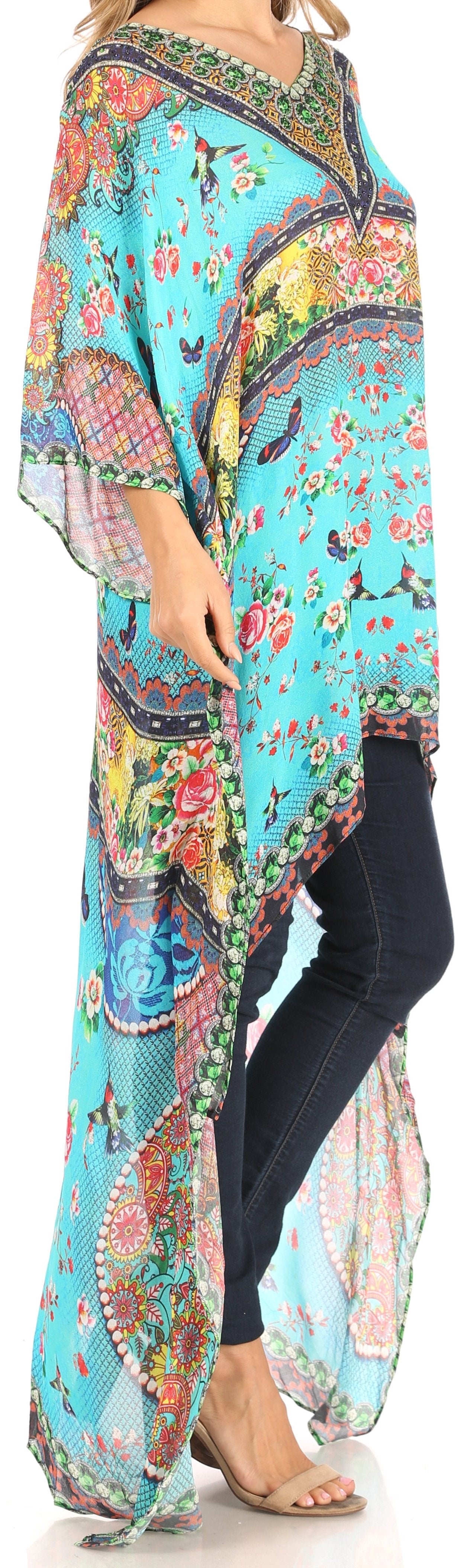 Sakkas Zeke Hi Low V-Neck Caftan Dress Printed Top Cover / Up - Concordia Style Boutique