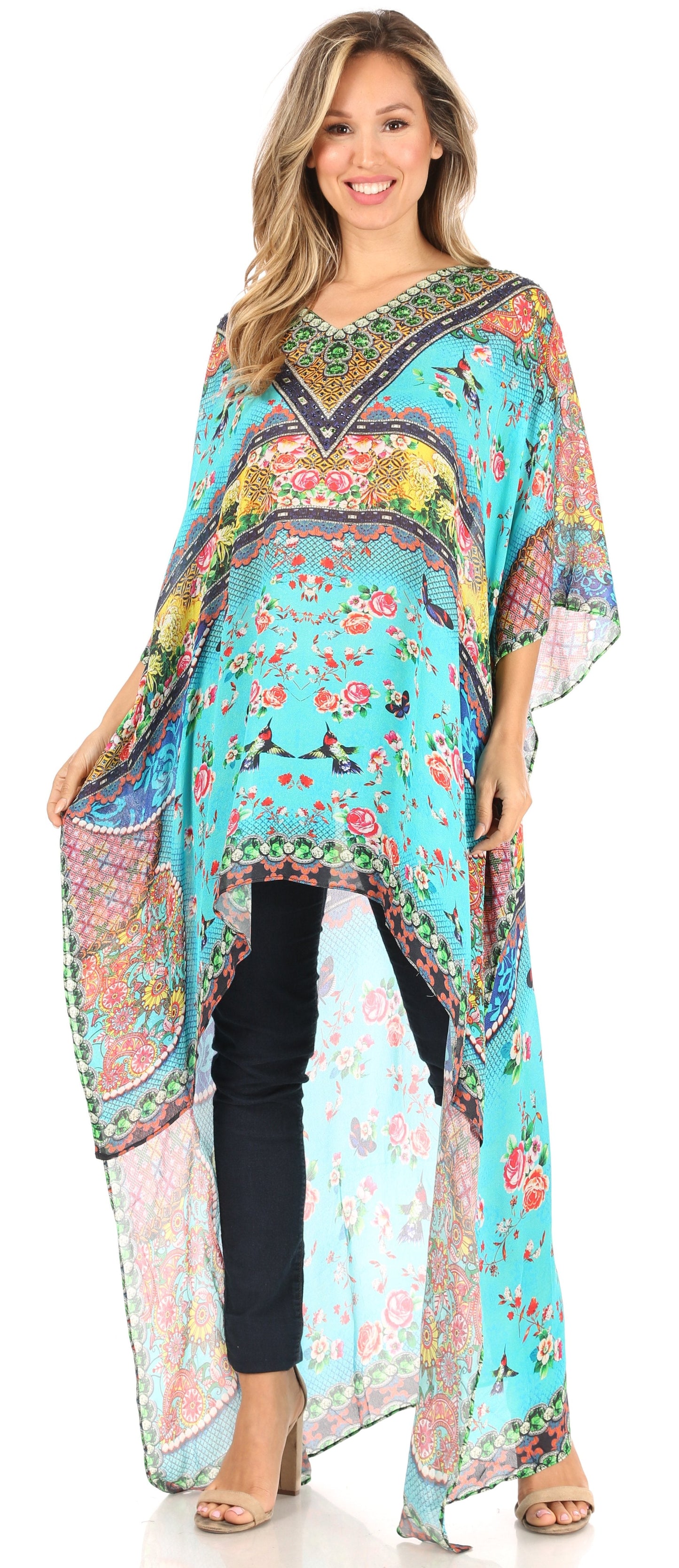 Sakkas Zeke Hi Low V-Neck Caftan Dress Printed Top Cover / Up - Concordia Style Boutique