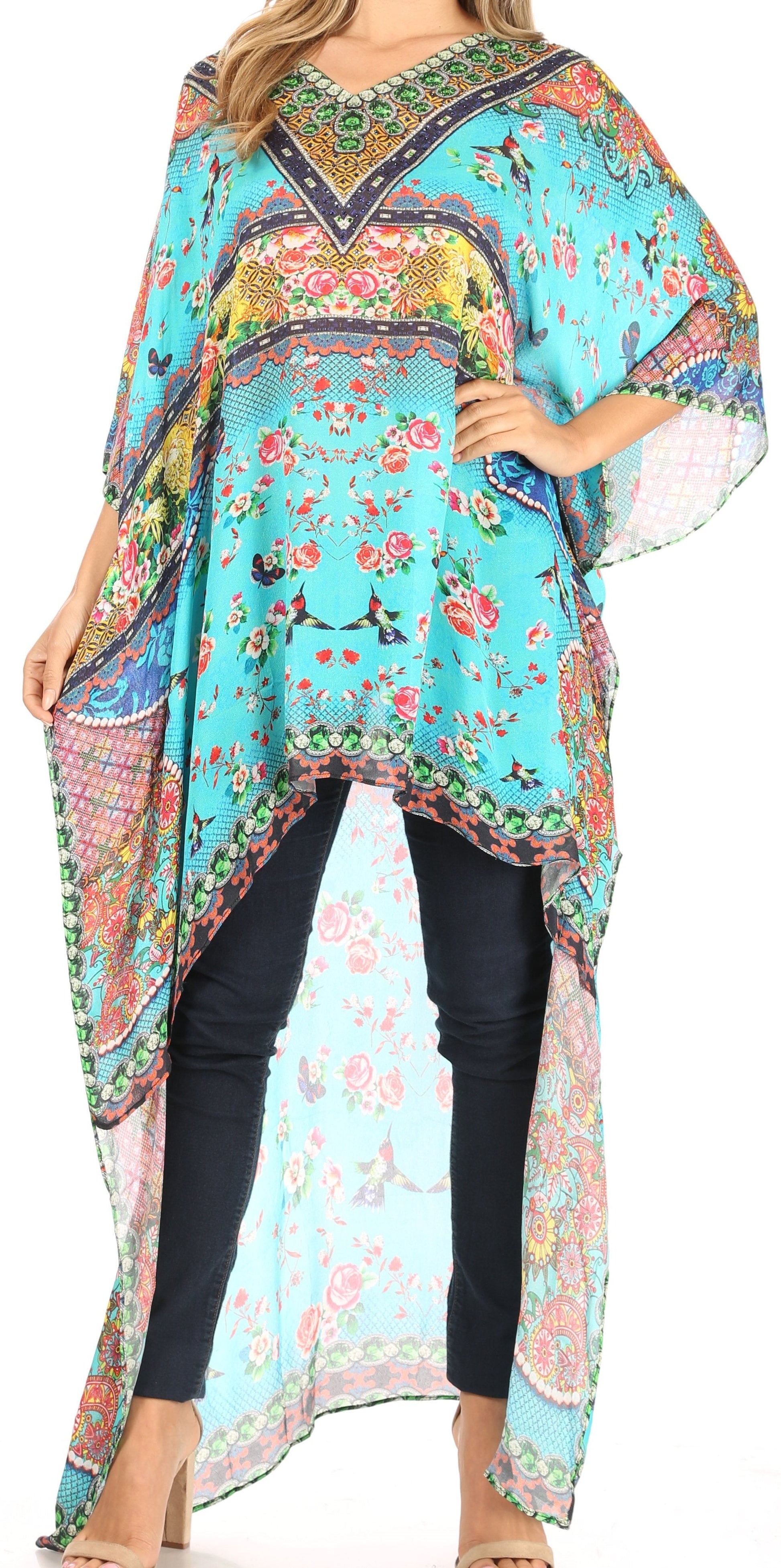 Sakkas Zeke Hi Low V-Neck Caftan Dress Printed Top Cover / Up - Concordia Style Boutique