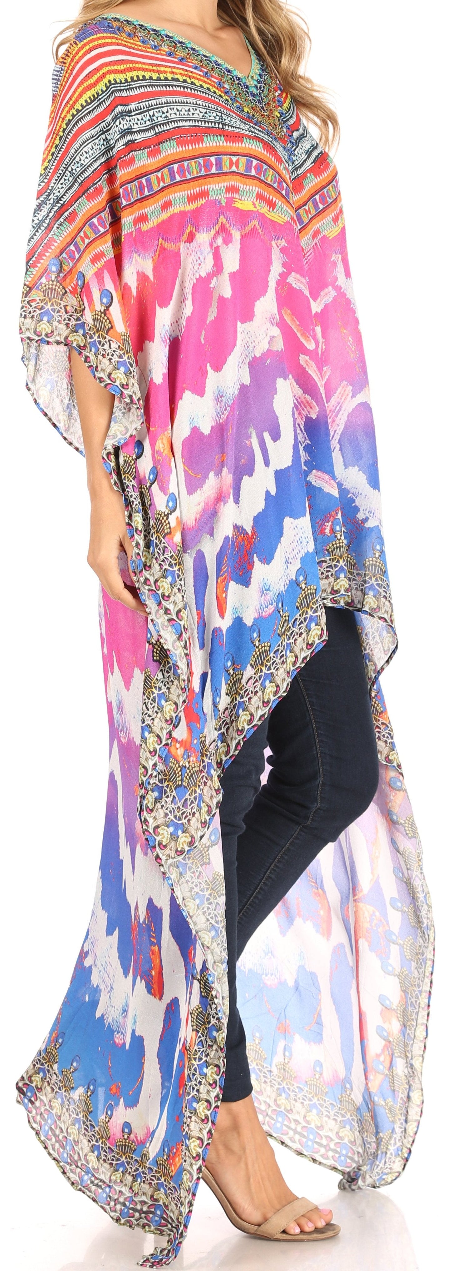 Sakkas Zeke Hi Low V-Neck Caftan Dress Printed Top Cover / Up - Concordia Style Boutique