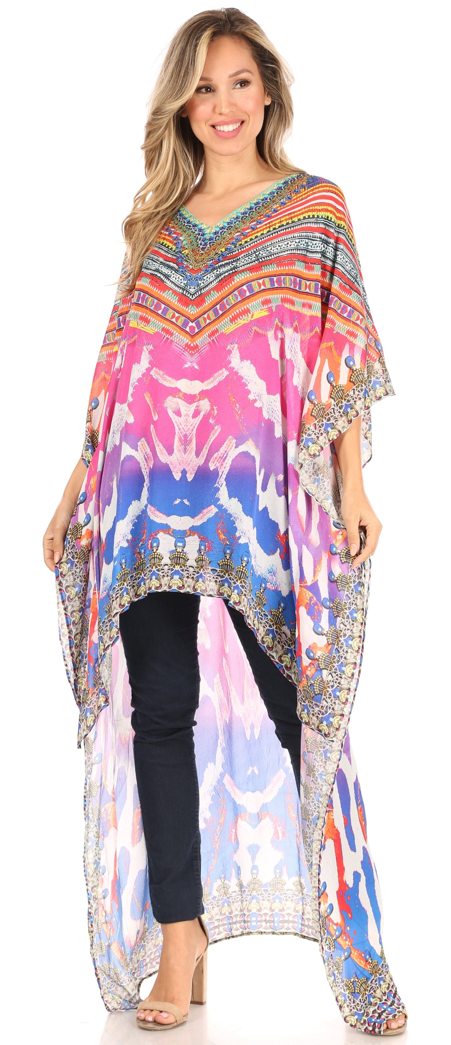 Sakkas Zeke Hi Low V-Neck Caftan Dress Printed Top Cover / Up - Concordia Style Boutique