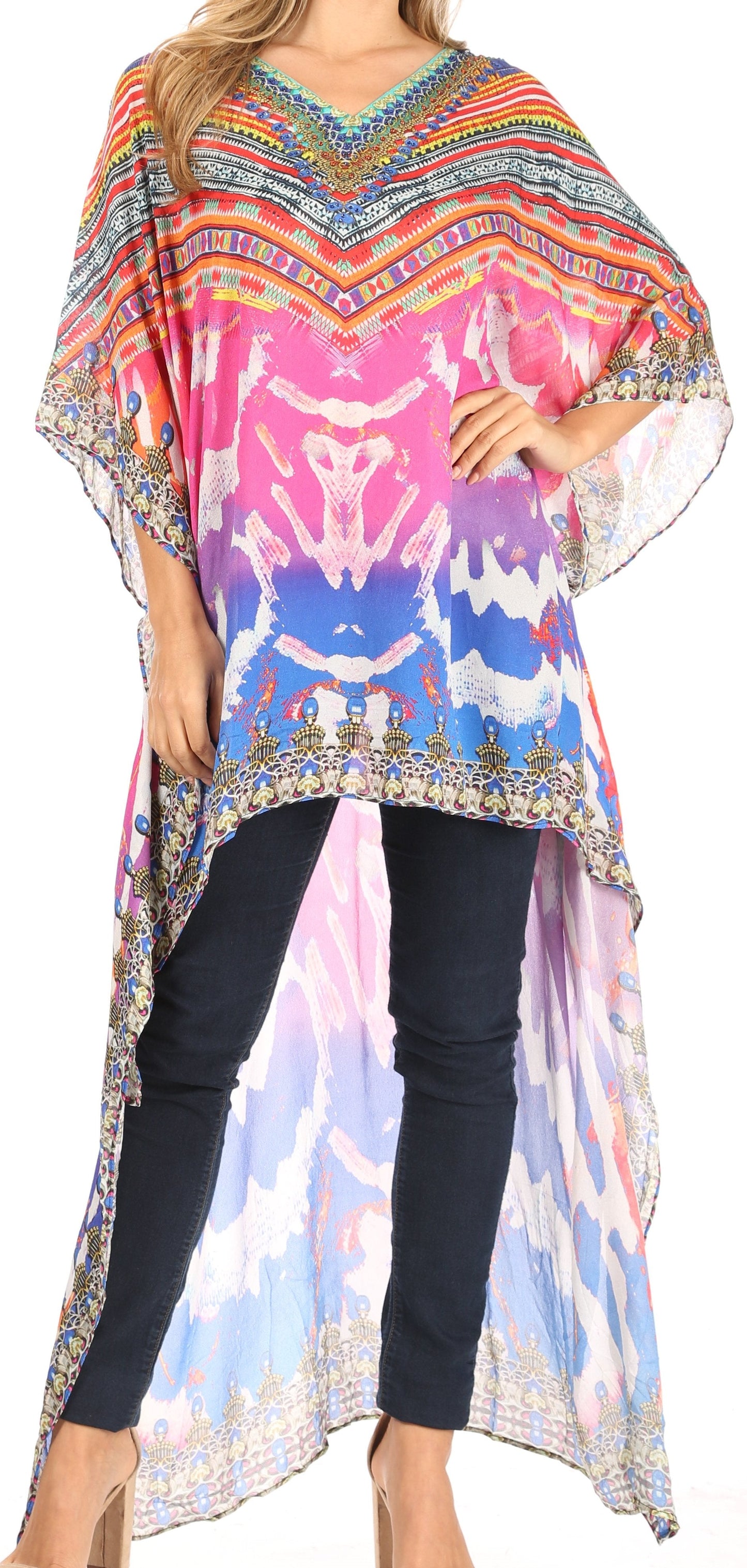 Sakkas Zeke Hi Low V-Neck Caftan Dress Printed Top Cover / Up - Concordia Style Boutique