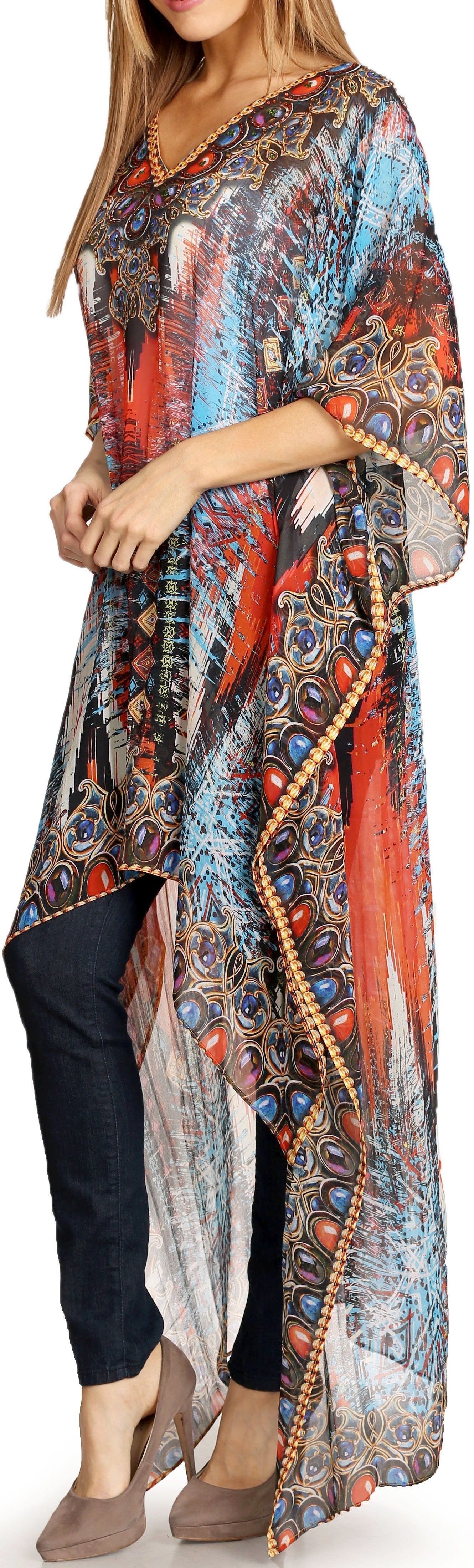 Sakkas Zeke Hi Low V-Neck Caftan Dress Printed Top Cover / Up - Concordia Style Boutique