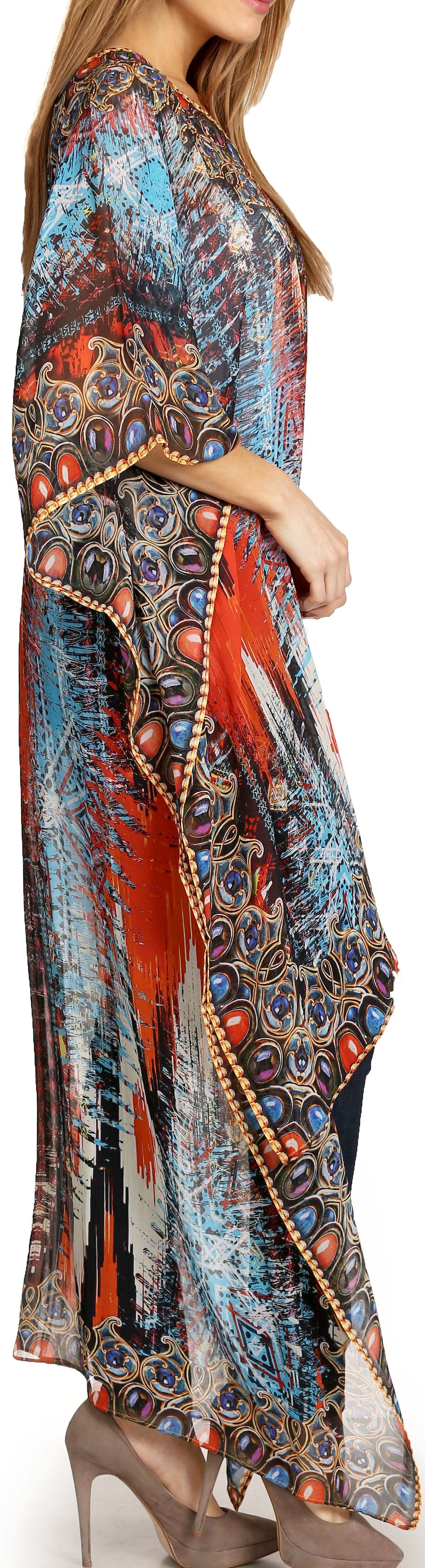 Sakkas Zeke Hi Low V-Neck Caftan Dress Printed Top Cover / Up - Concordia Style Boutique